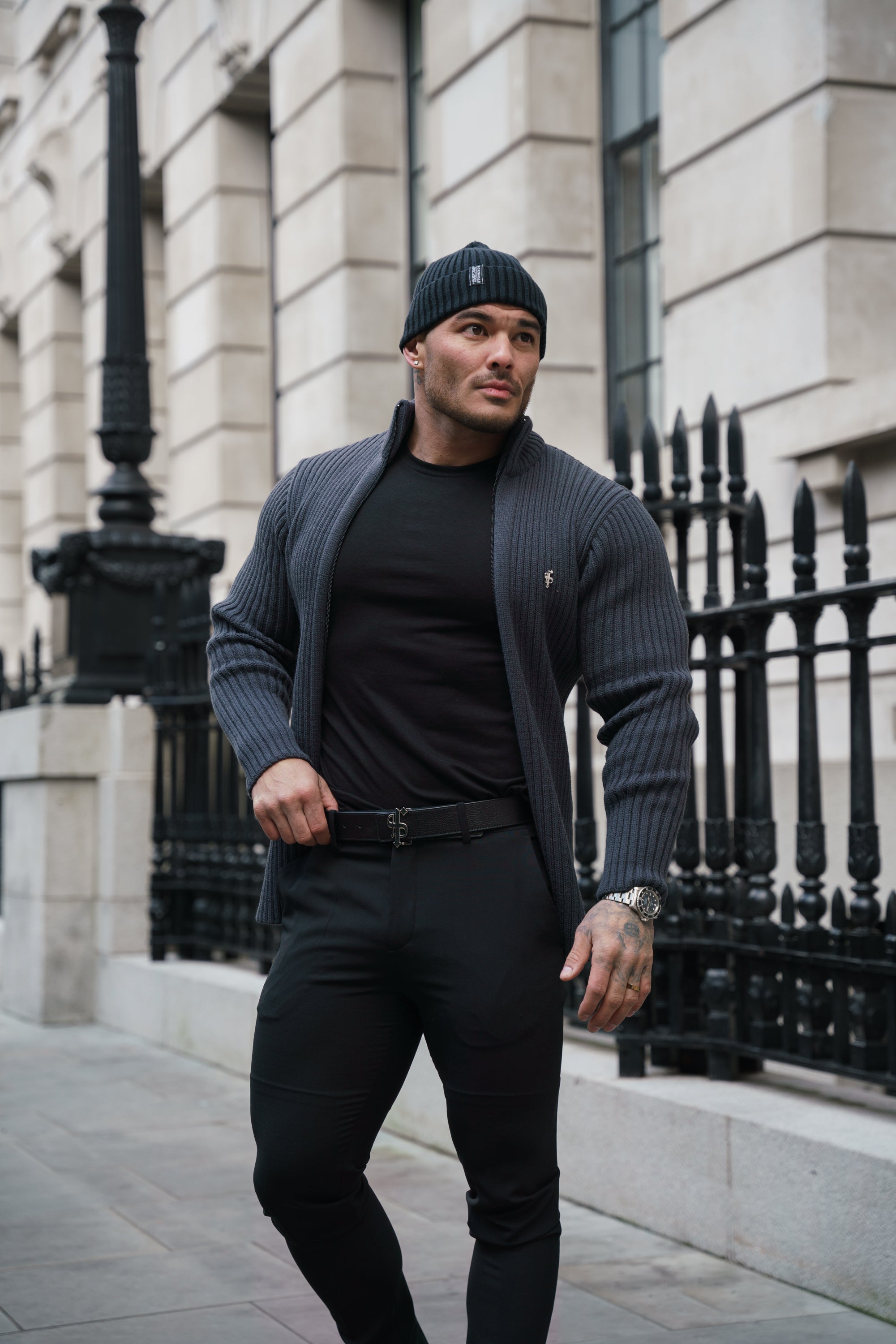 Chunky Gunmetal Ribbed Zipped Cardigan - FSJ072