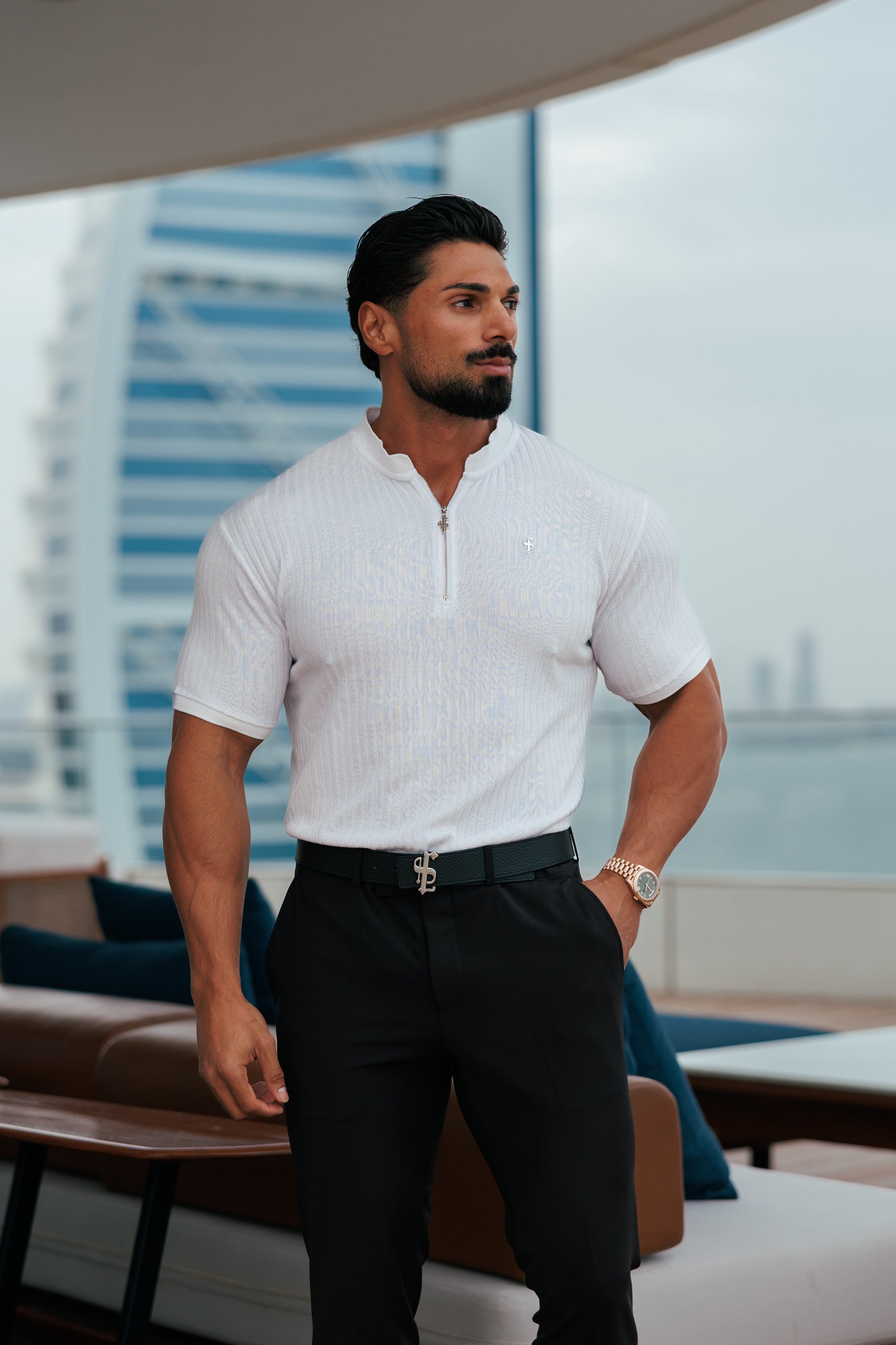 Classic White / Silver Ribbed Zip Grandad Collar Shirt Short Sleeve - FSH1447