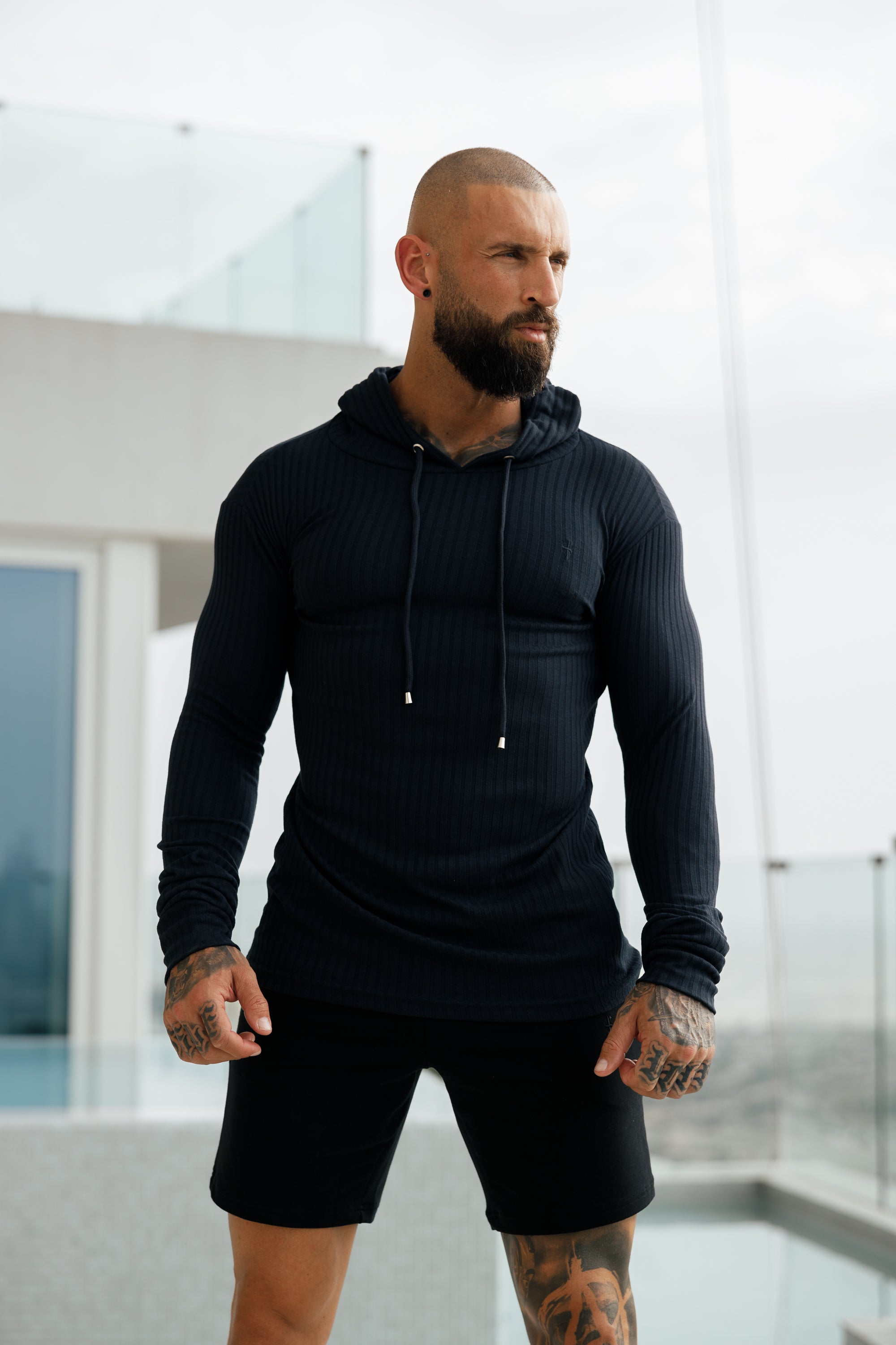 Classic Navy Ribbed Knit Hoodie Jumper - FSH904