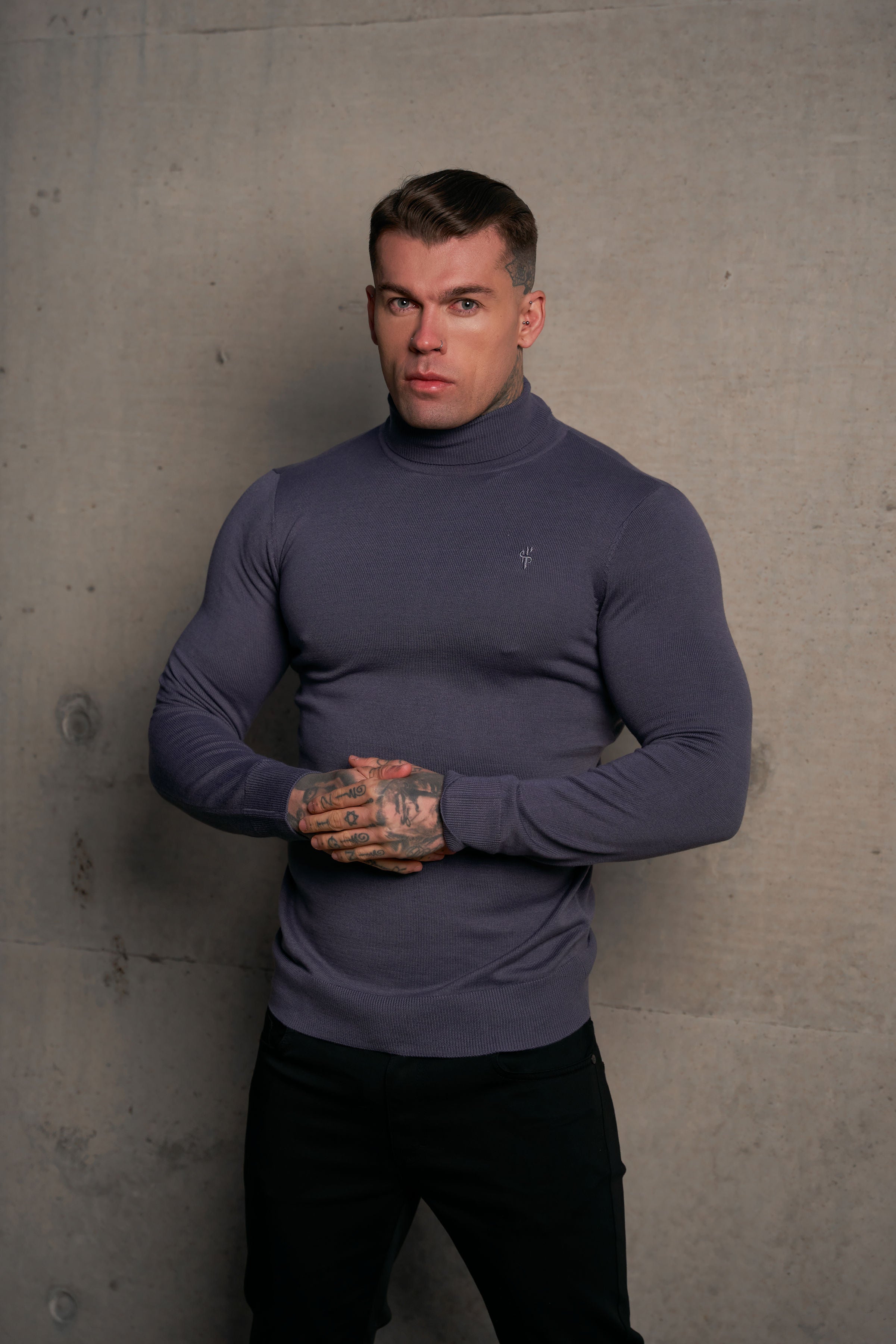 Classic Gunmetal Roll Neck Knitted Jumper With Tonal Emblem - FSN137
