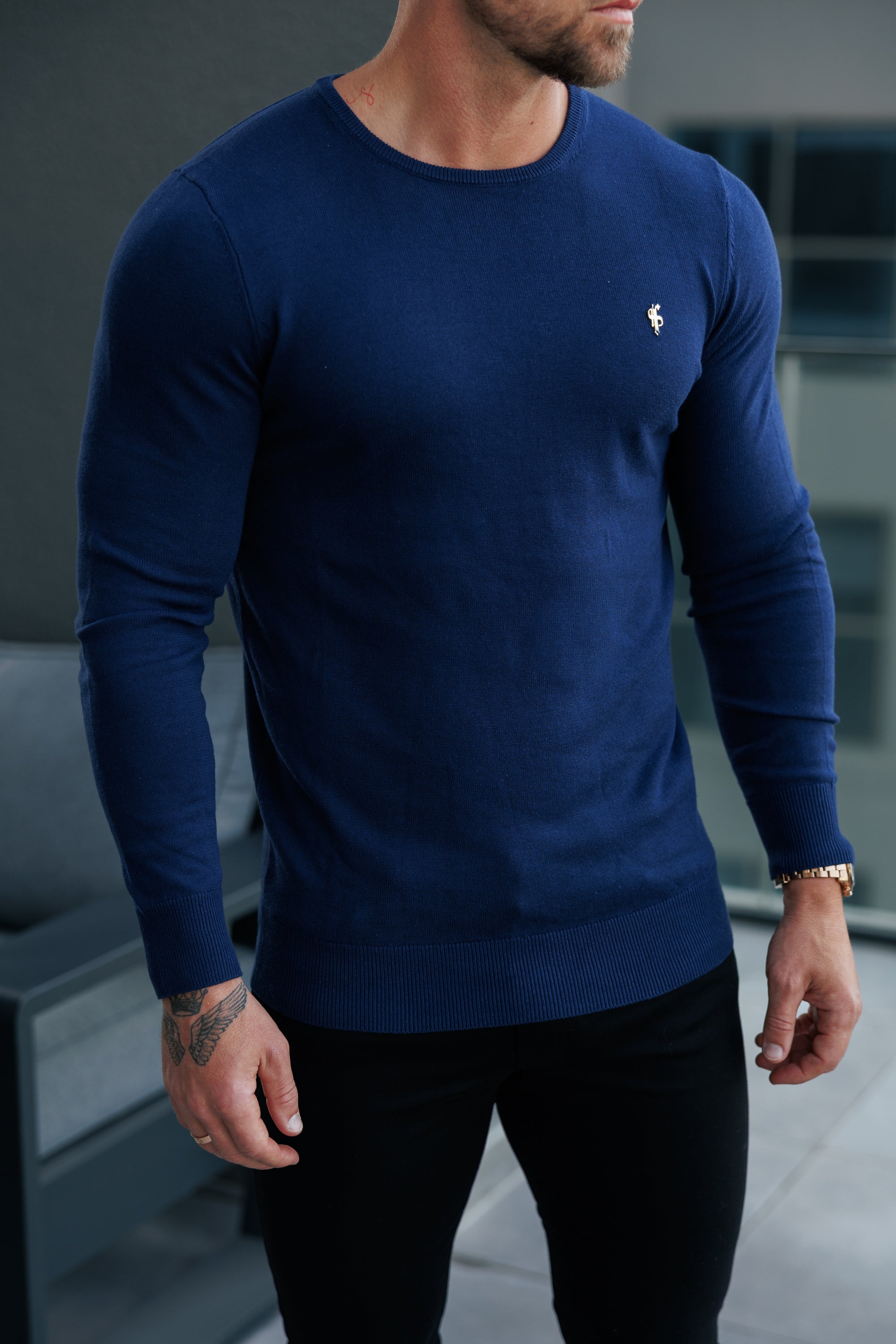 Navy Crew Neck Knitted Jumper With FS Branding - FSN197