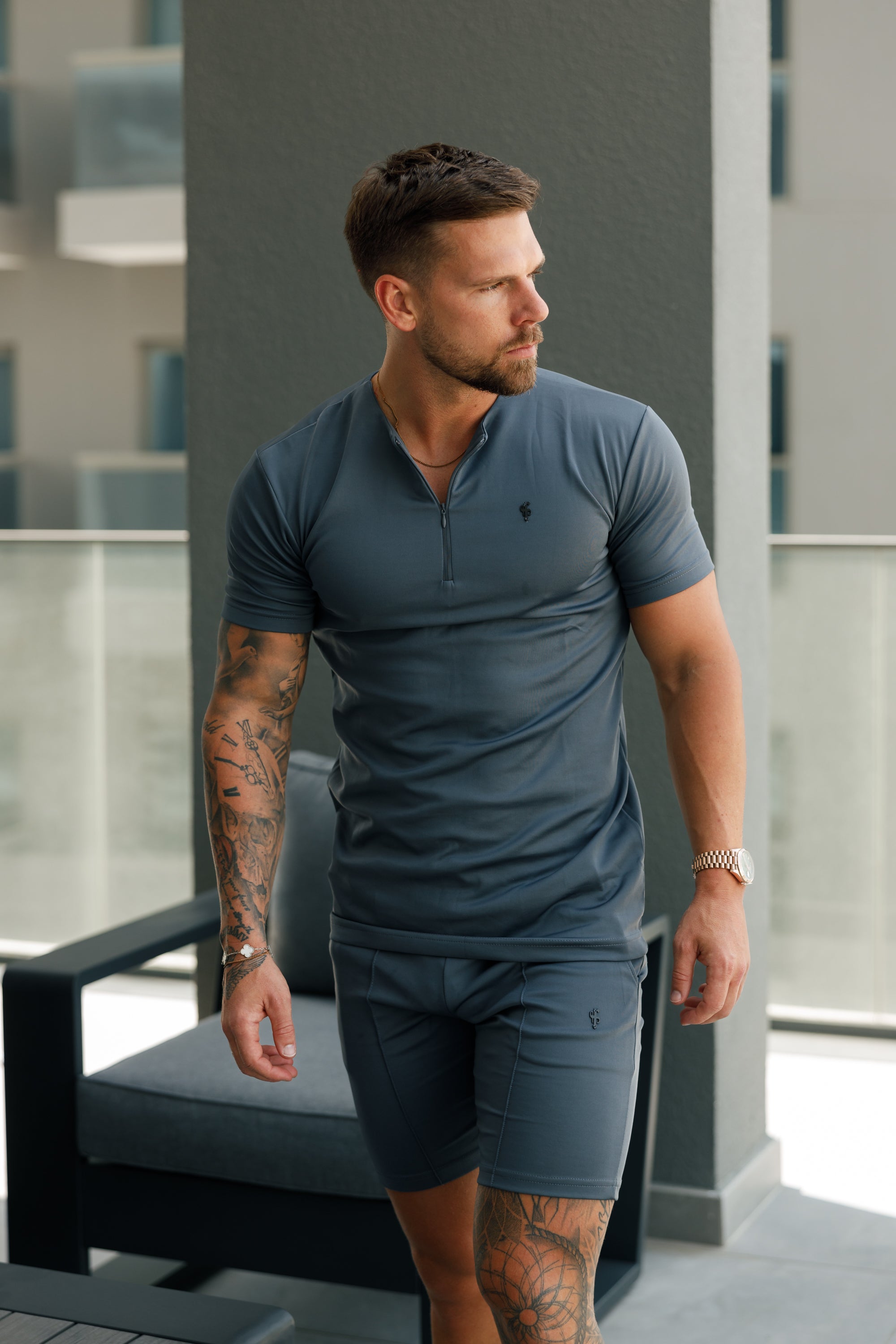 Scuba Charcoal Black Crew T Shirt With Zip Detail Short Sleeve - FSH1109