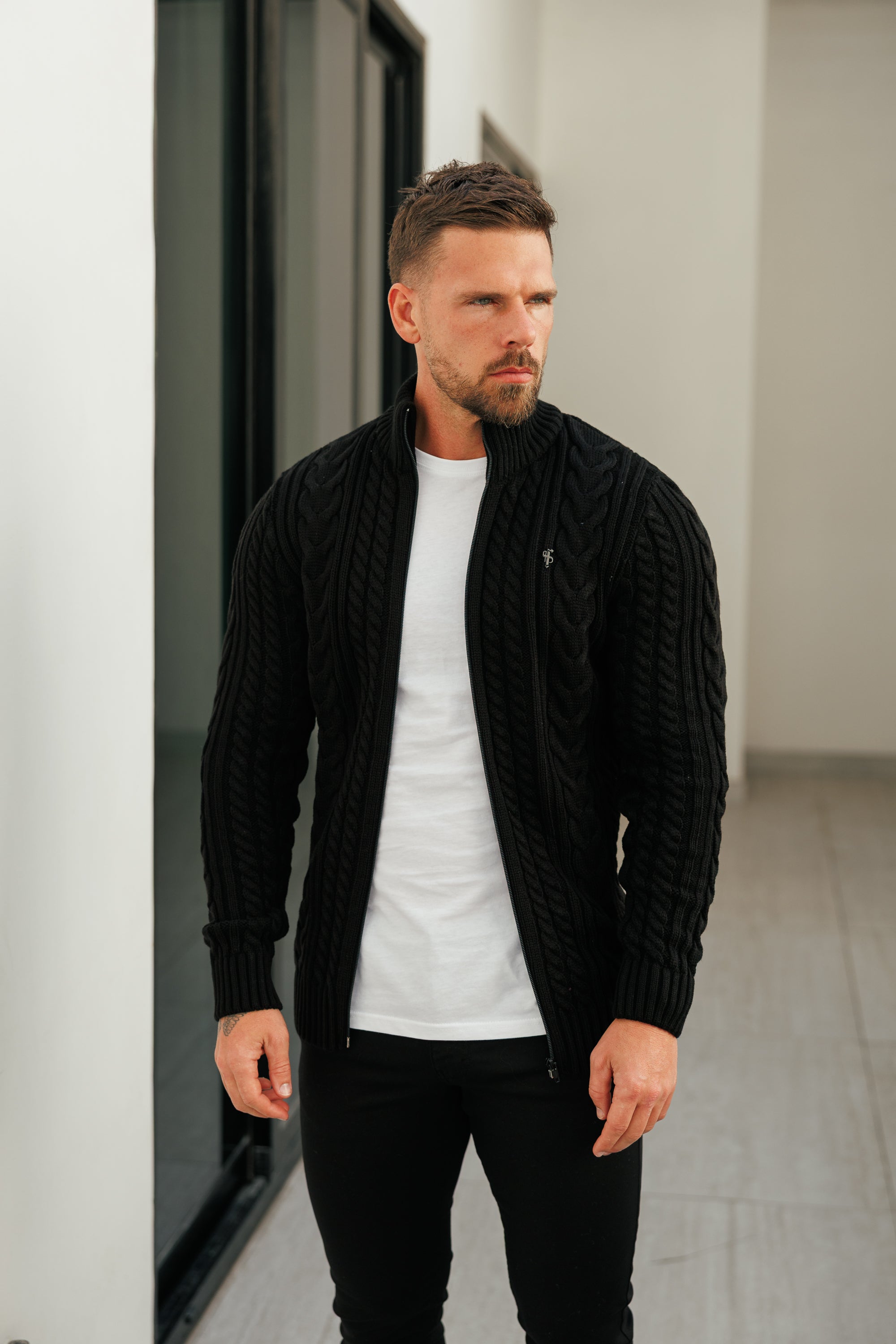 Funnel Neck Full Zip Cardigan Black - FSJ144