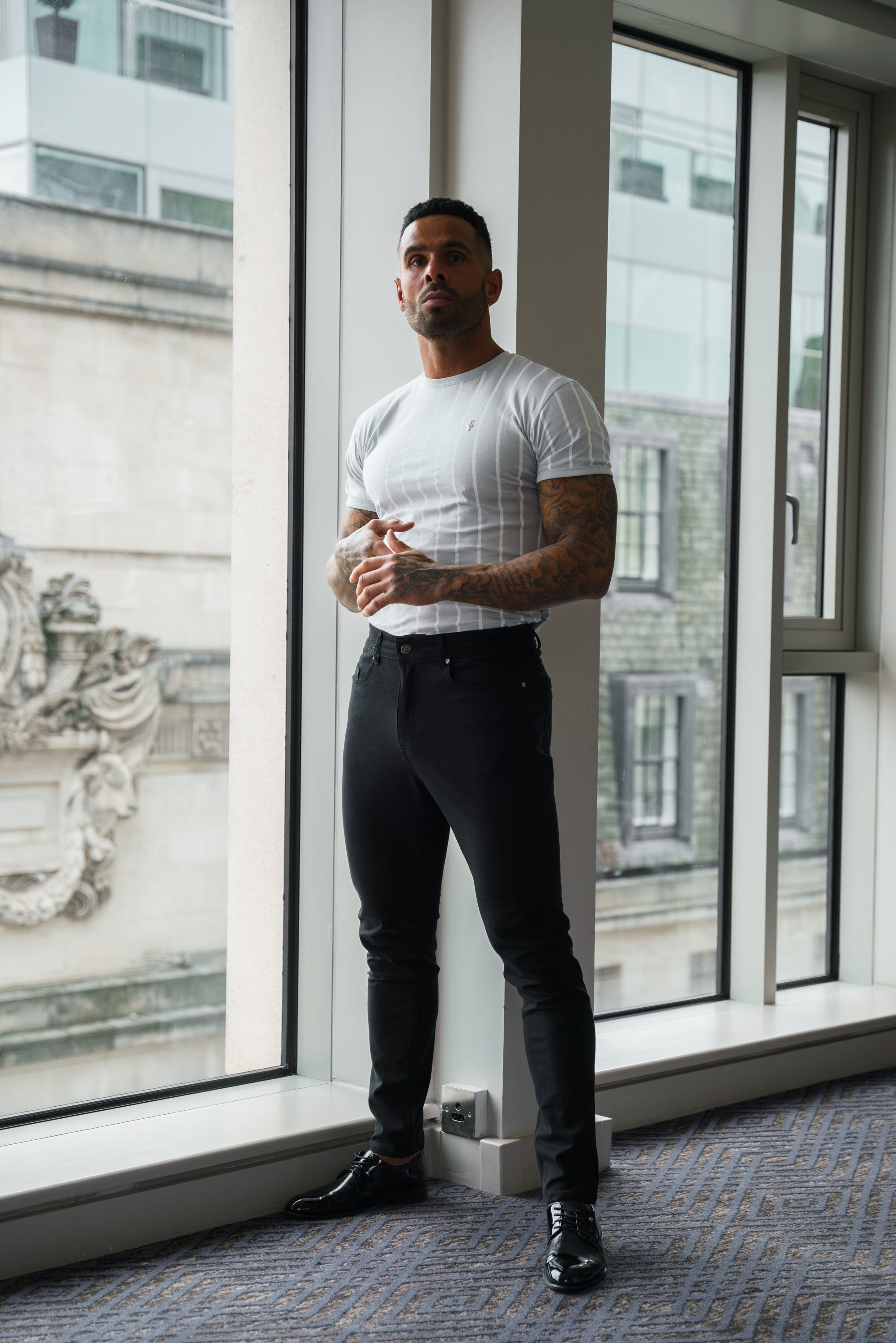 Printed Light Grey / White Stripe Fitted T Shirt - FSH1172