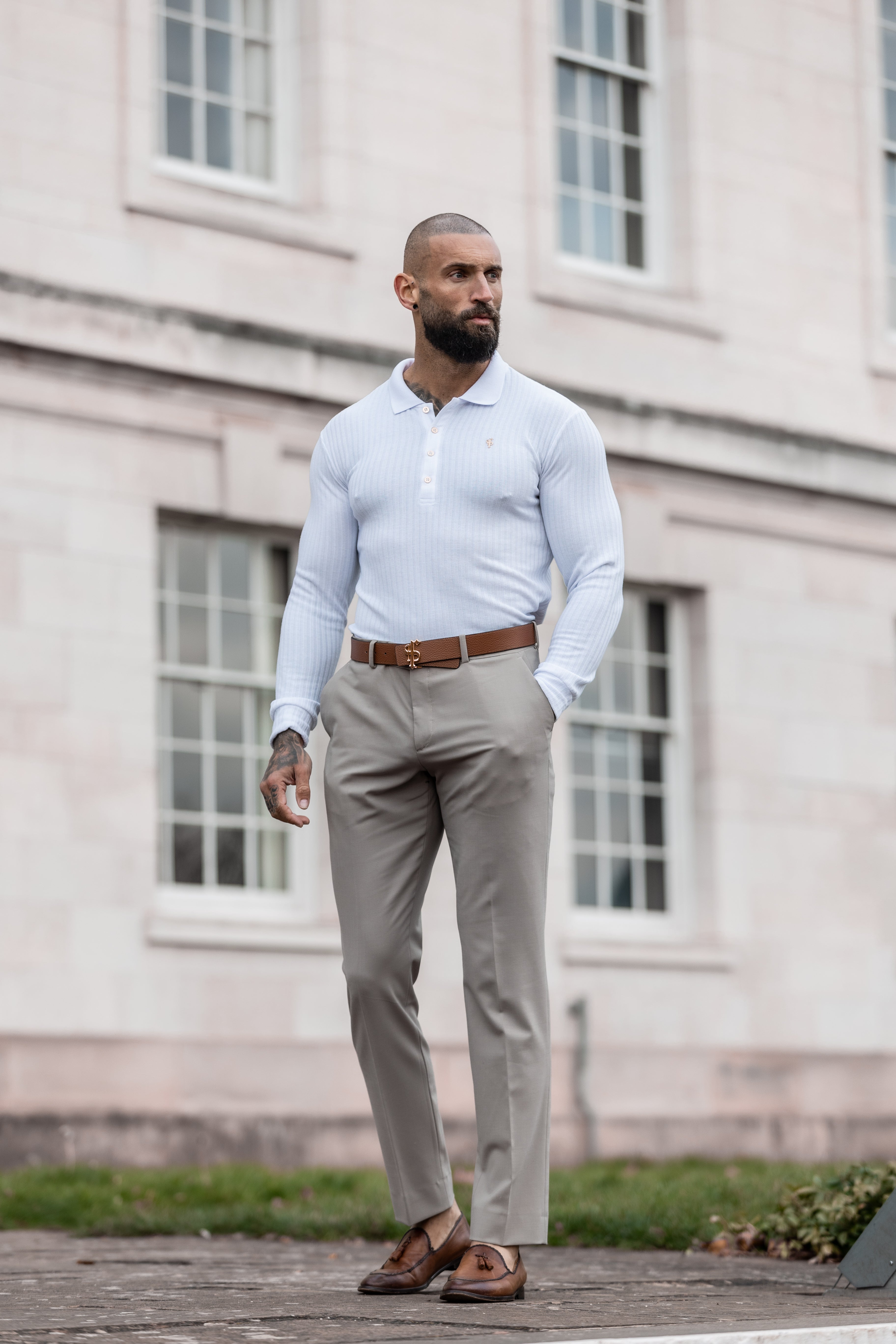 Classic White Ribbed Polo Shirt Long Sleeve With Gold Decal - FSH975