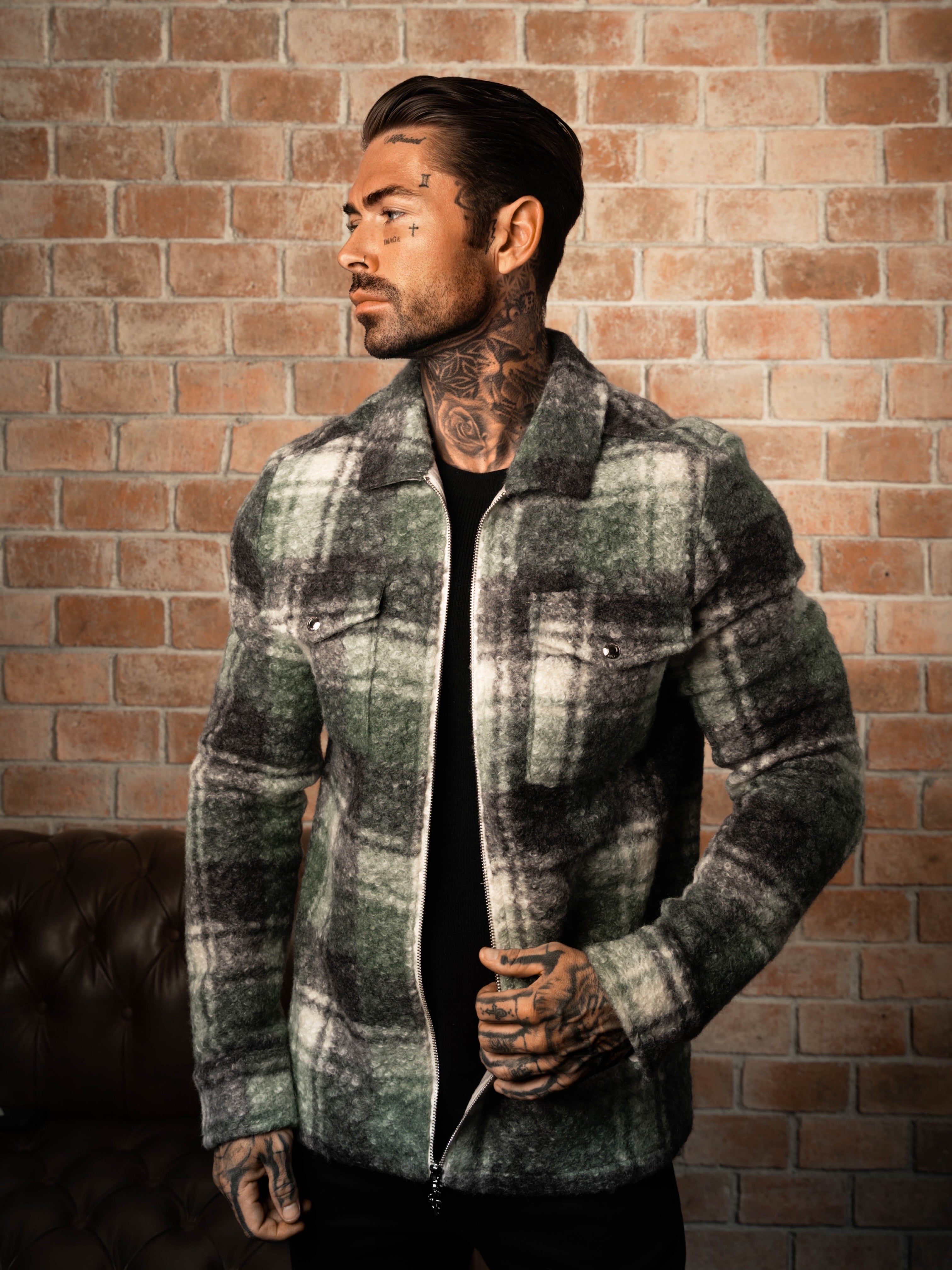 Boucle Zipped Check Jacket Green - FSN156