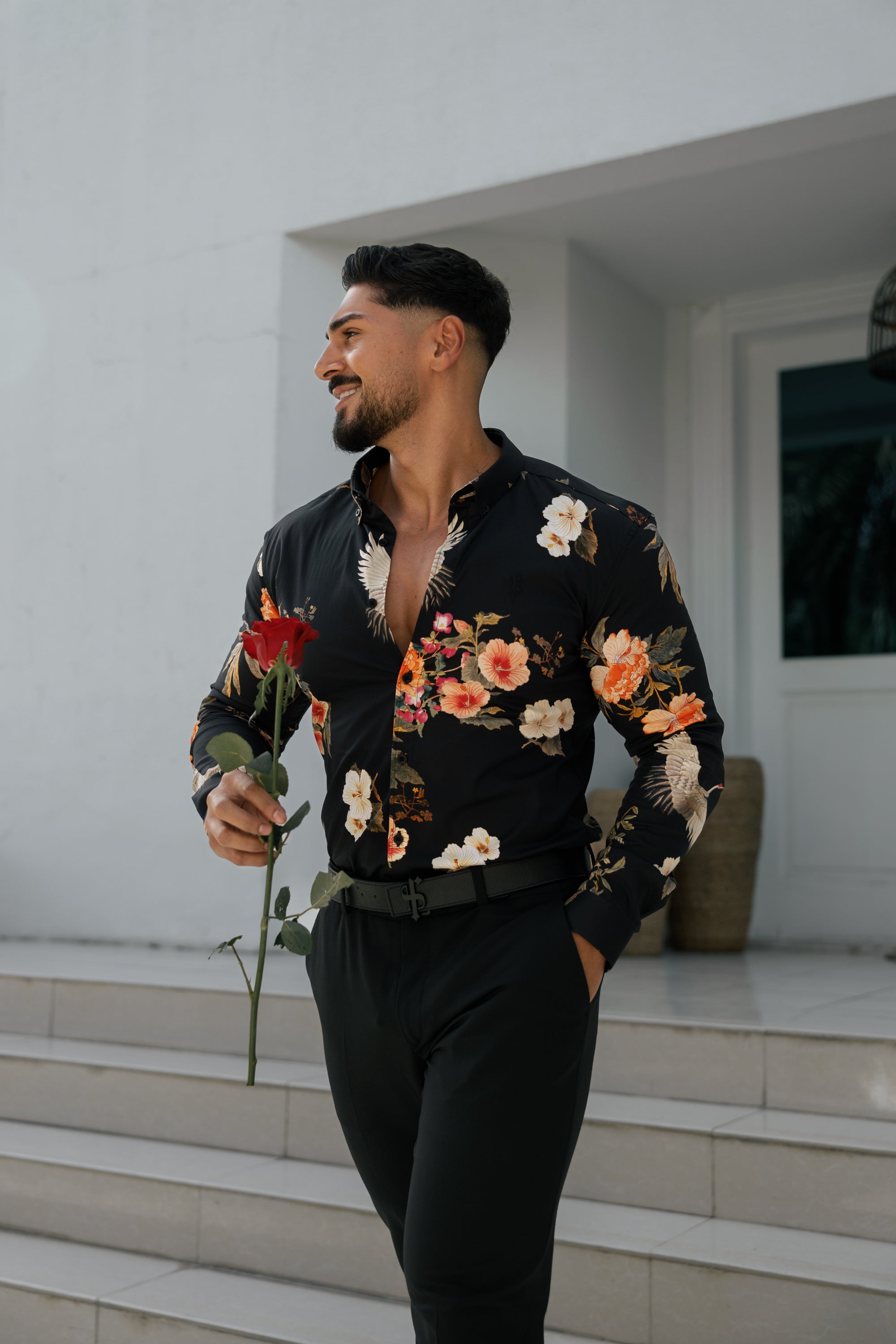 Super Slim Stretch Black Crane Print Long Sleeve with Button Down Collar - FS772