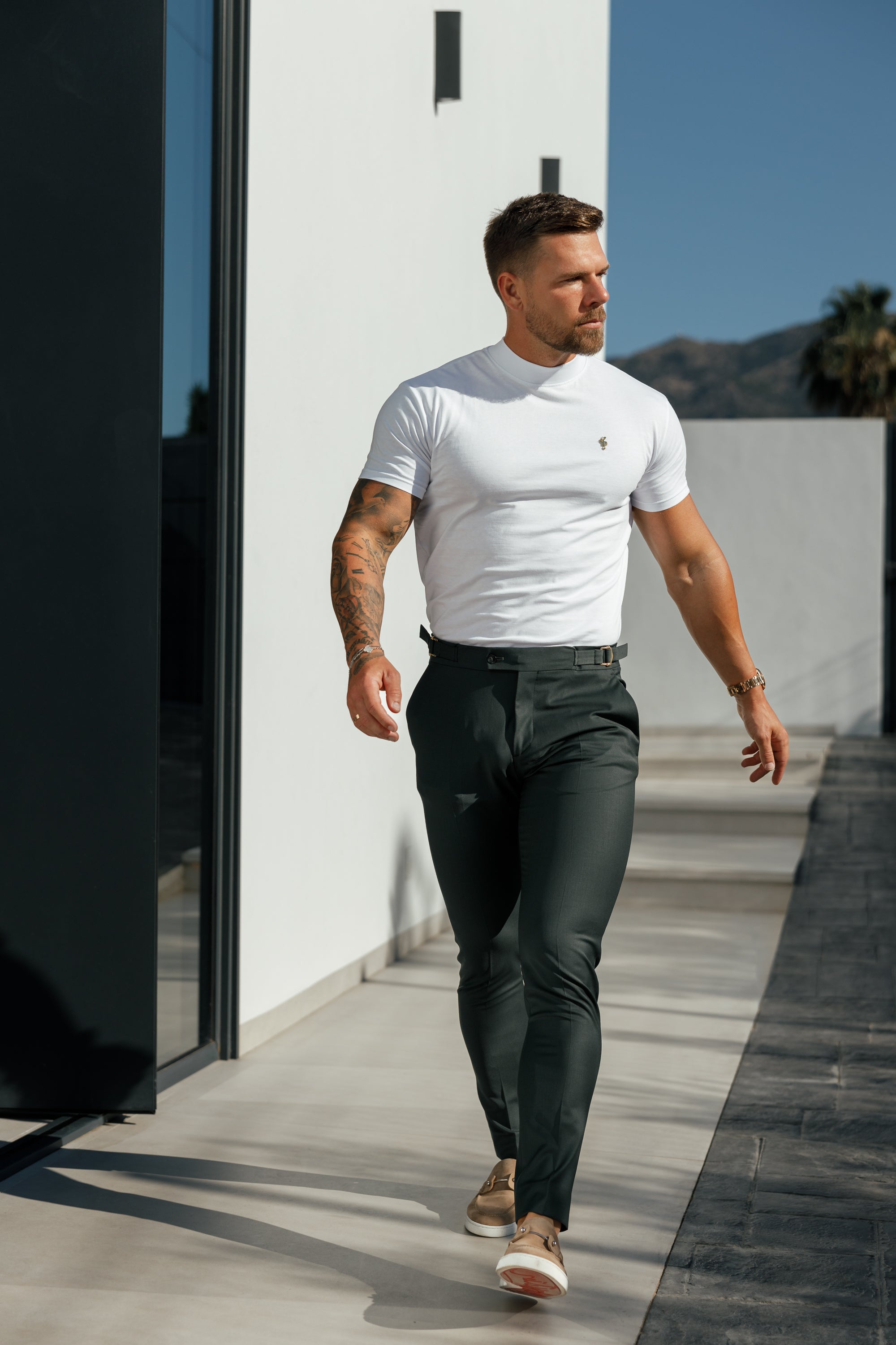Ribbed High Neck Crew Short Sleeve White / Gold - FSH1006