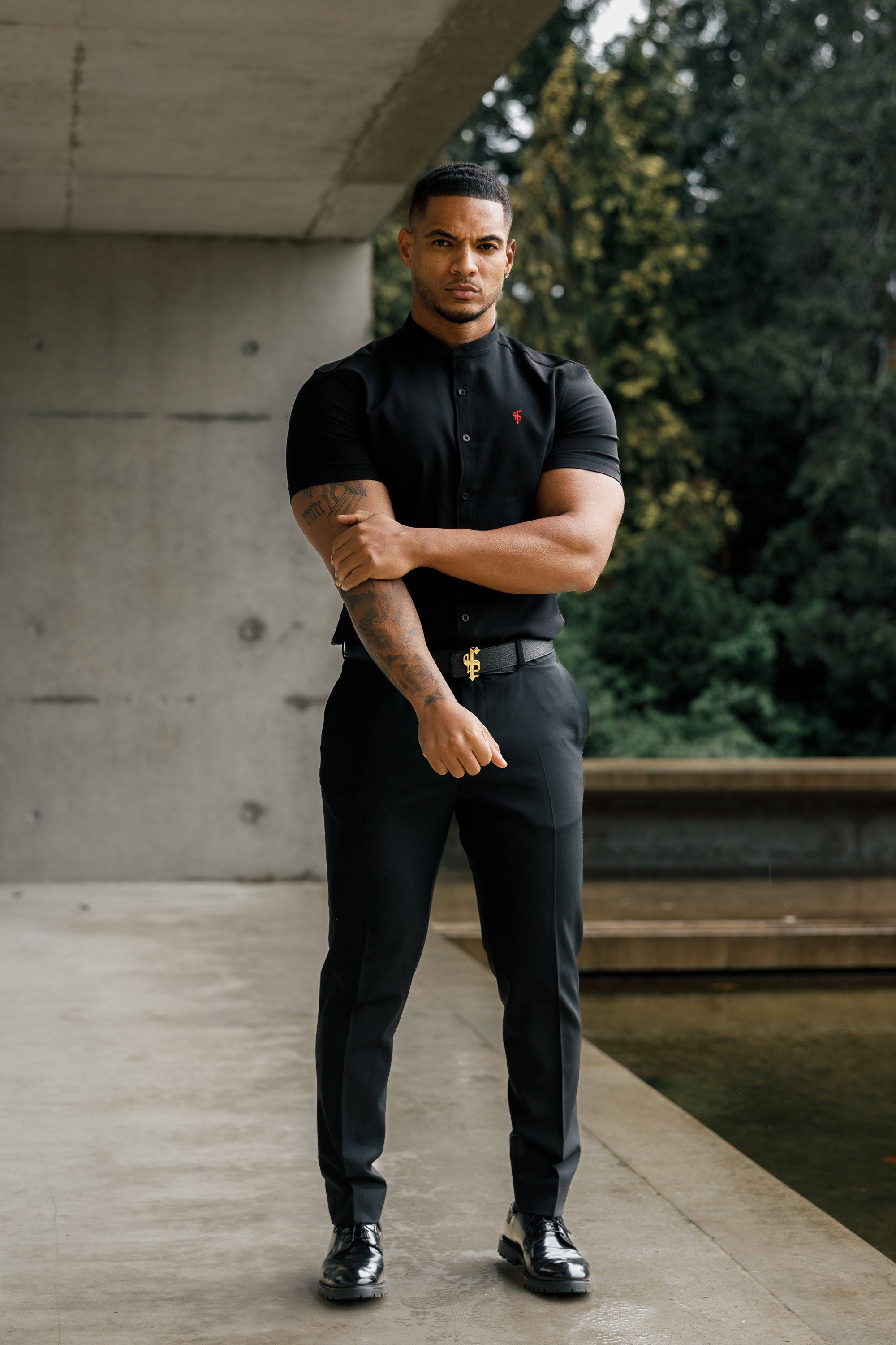 Super Slim Scuba Black Short Sleeve Stretch With Grandad Collar - FS930