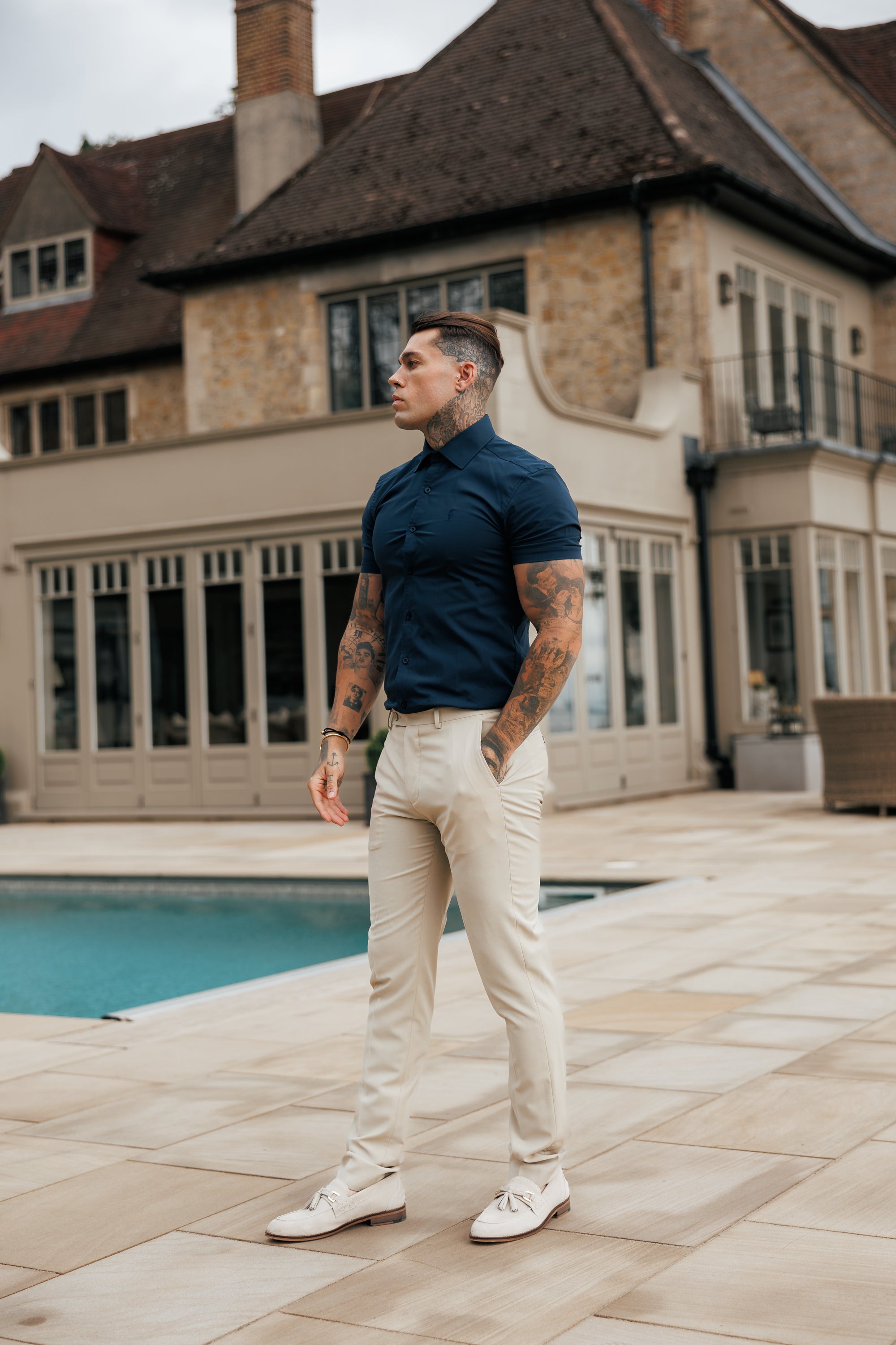 Muscle Fit Advanced Stretch Navy Short Sleeve with Cutaway Collar - FS1163