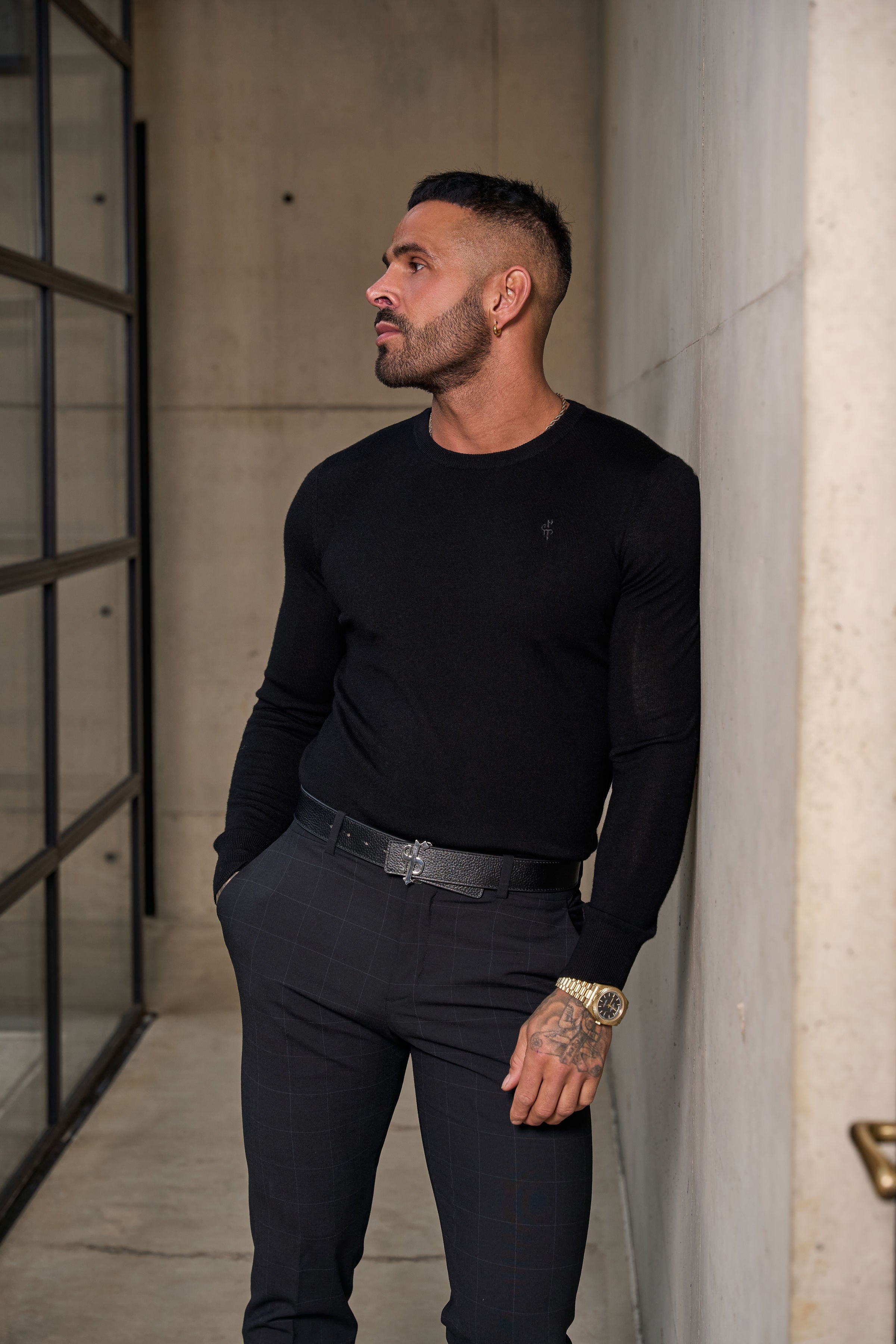 Merino Wool Knitted Crew Jumper Black - FSN178