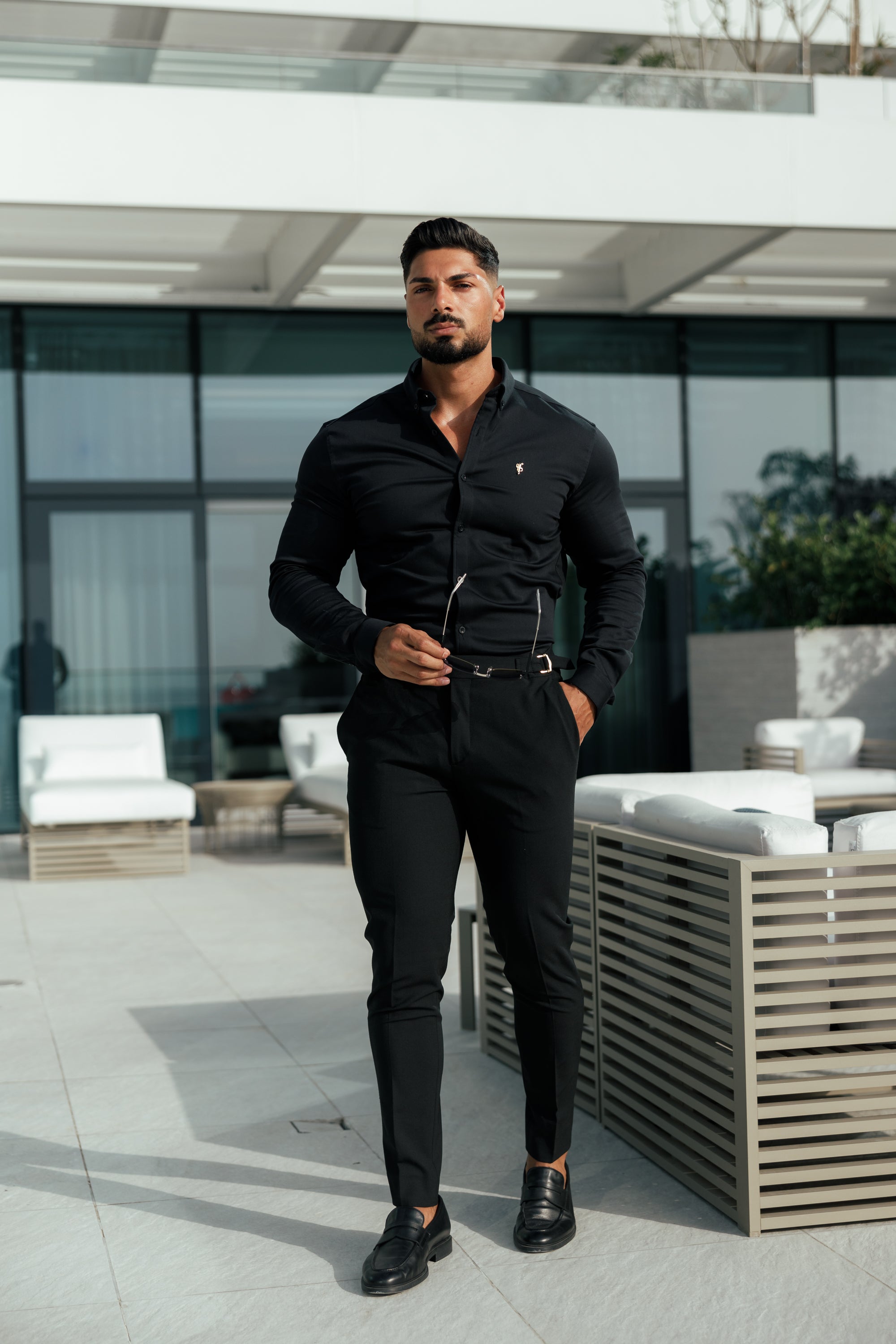 Slim Formal Black Stretch Trousers With Gold Waist Adjusters - FST036