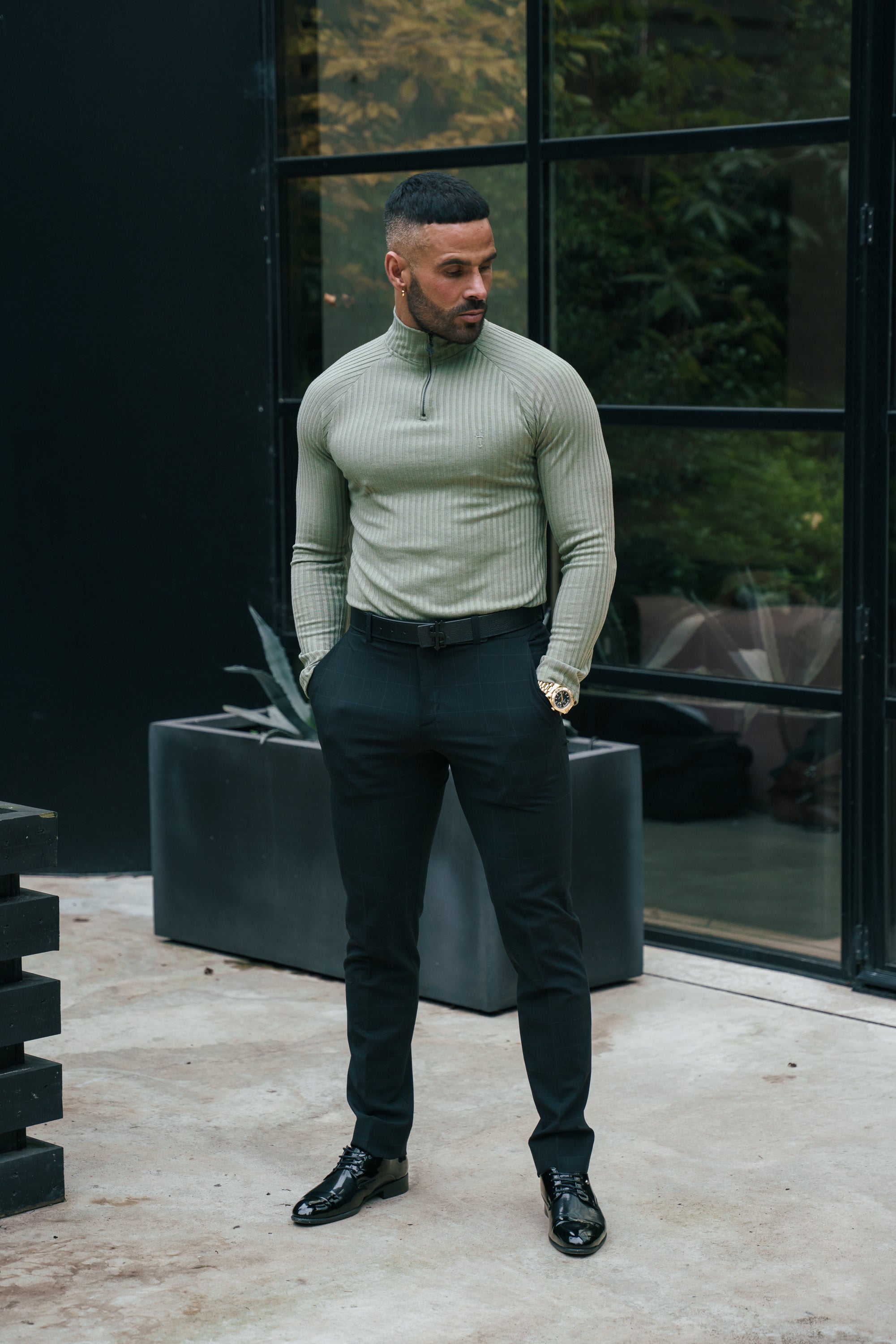 Classic Olive Ribbed Zip Funnel Neck Raglan Long Sleeve Crew - FSH1297