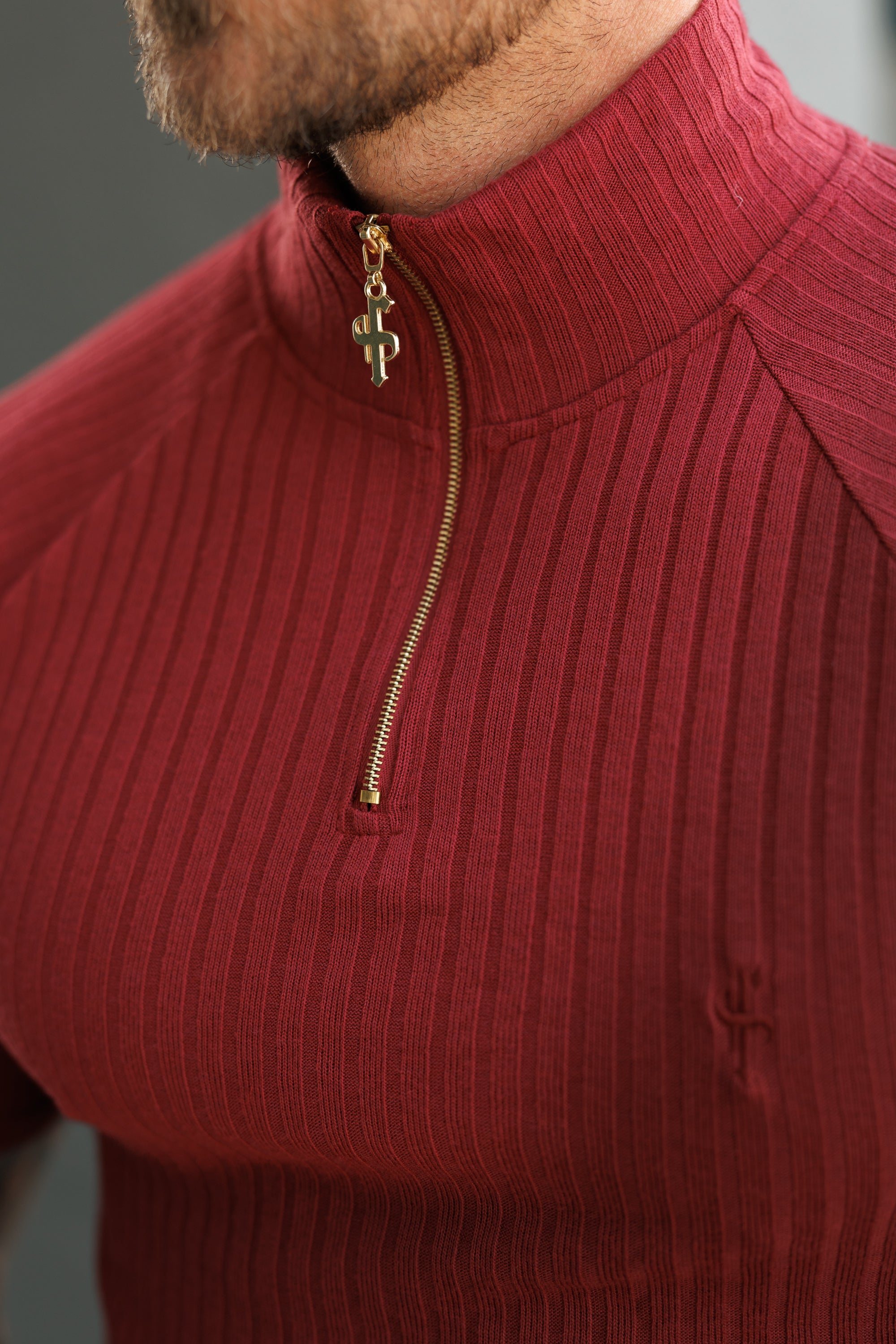 Classic Burgundy Ribbed Zip Funnel Neck Raglan Short Sleeve Crew - FSH1293