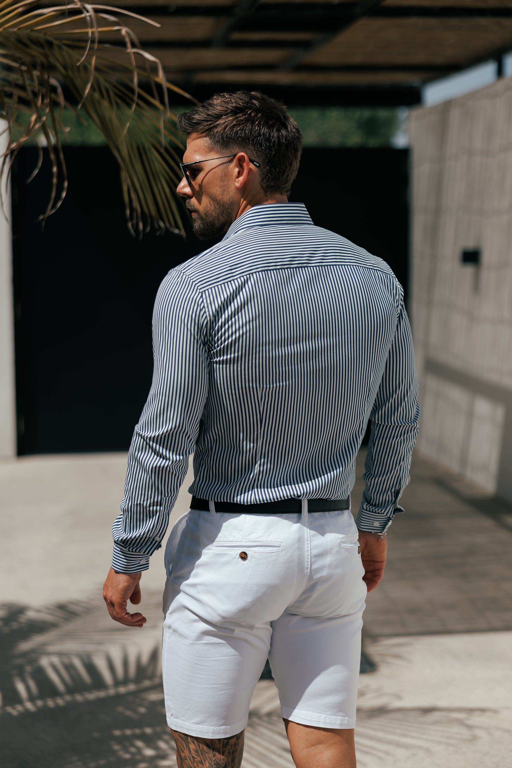 Super Slim Stretch Sateen Touch White / Navy Single Stripe Long Sleeve - FS1285 (PRE-ORDER 28TH AUGUST)