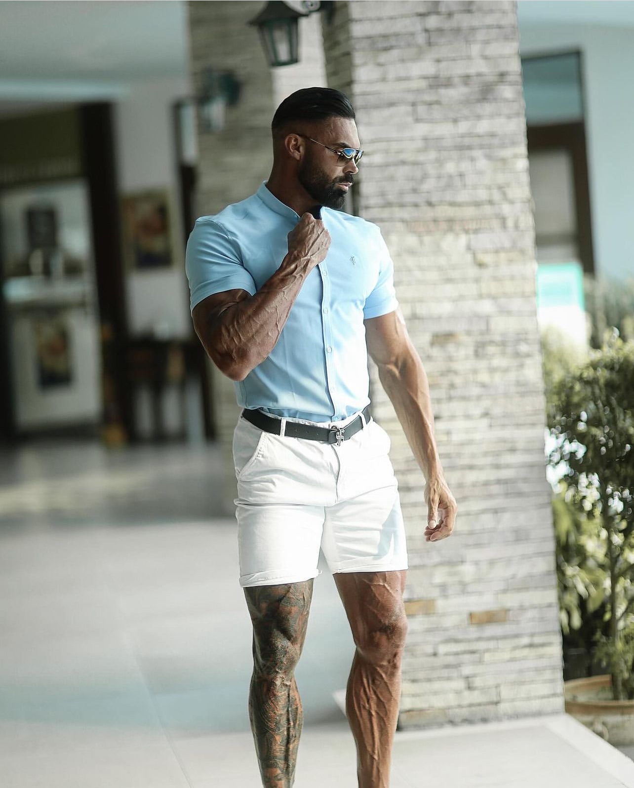 Super Slim Scuba Light Blue Short Sleeve Stretch With Grandad Collar Shirt - FS1003