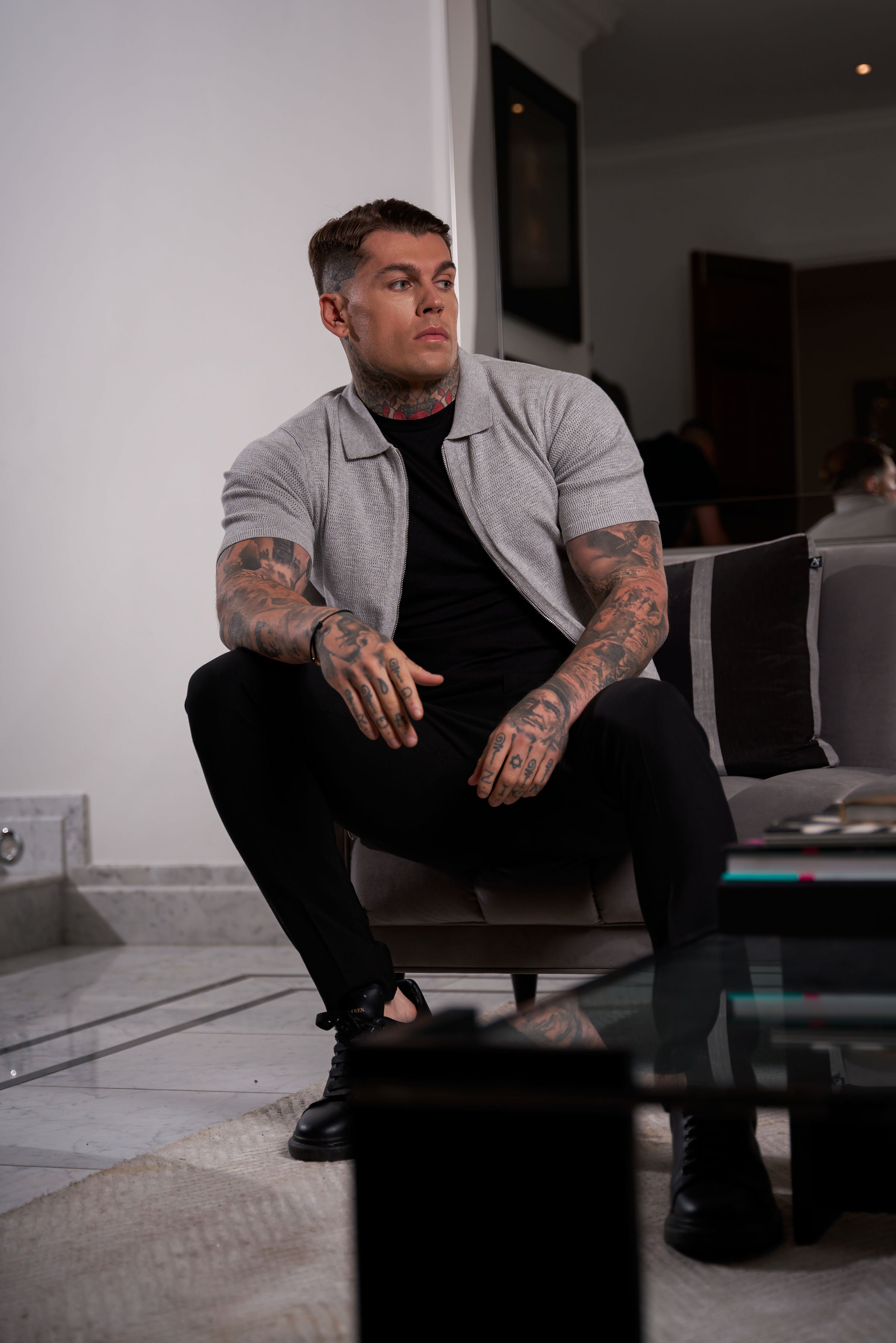Classic Knitted Textured Design With Full Length Zip Light Grey Short Sleeve - FSN154