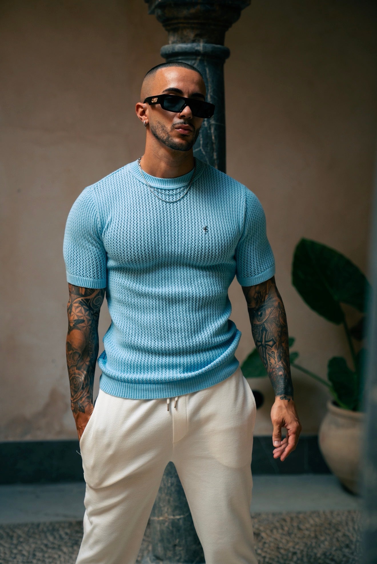 Light Blue Viscose Plain Knitted Short Sleeve T-Shirt - FSJ185 (PRE ORDER 12TH AUGUST)