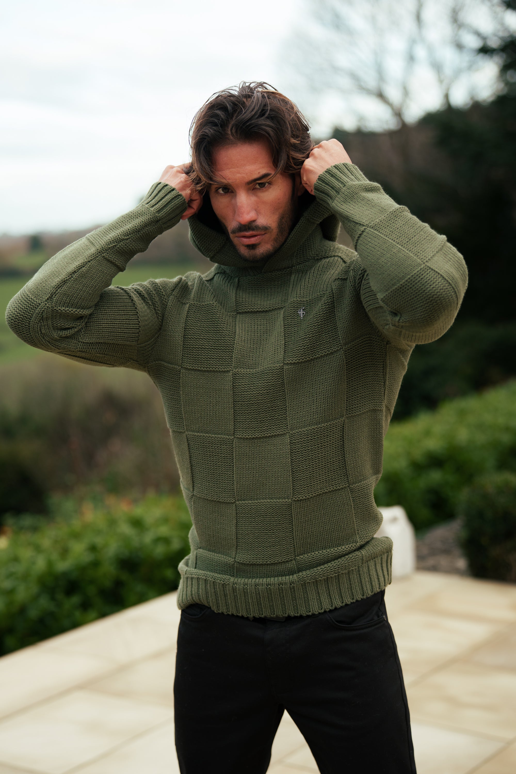 Olive Checkerboard Knitted Hoodie - FSJ137