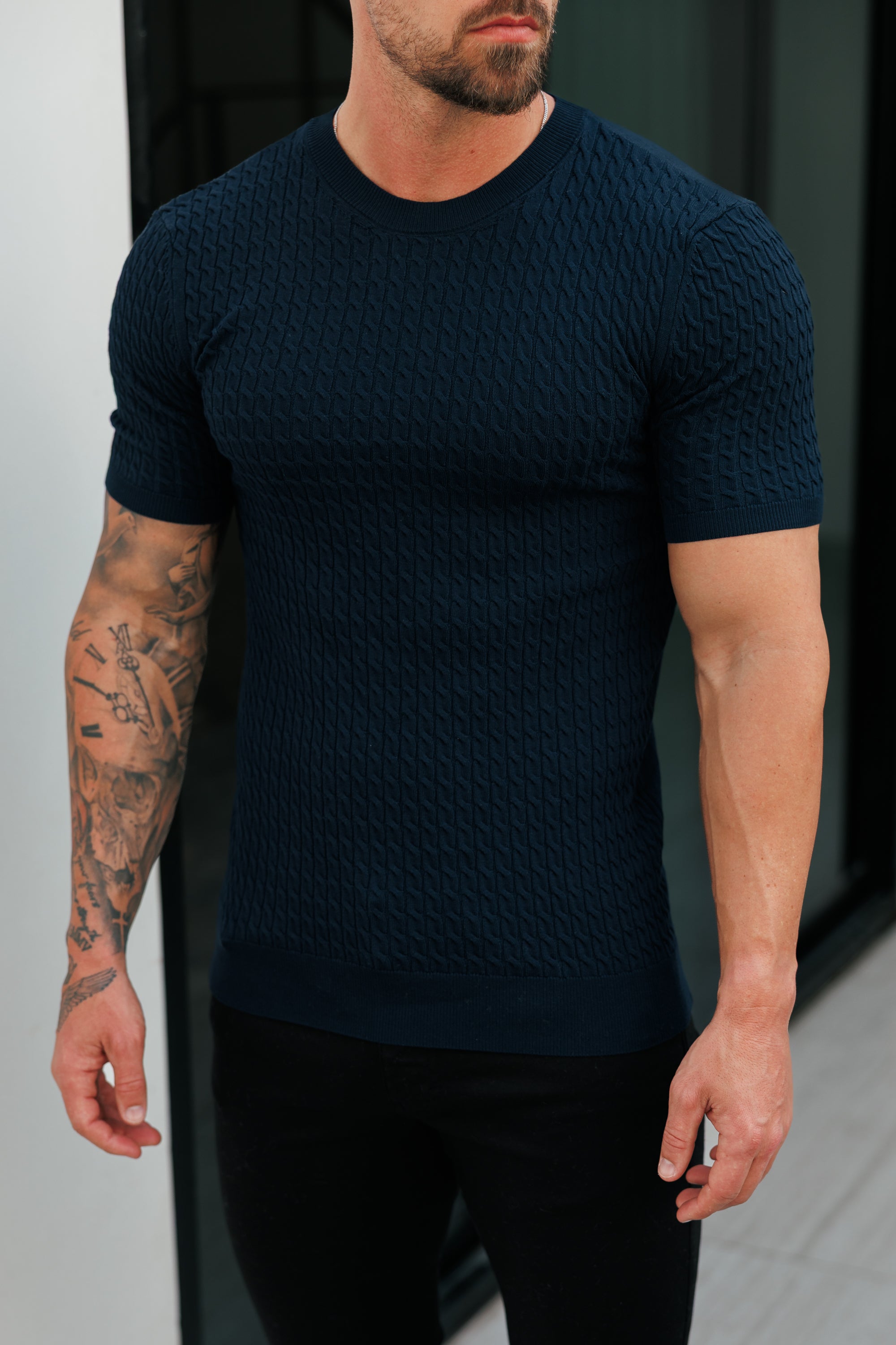 Front Chain Knit Crew Tshirt Navy Short Sleeve - FSR054