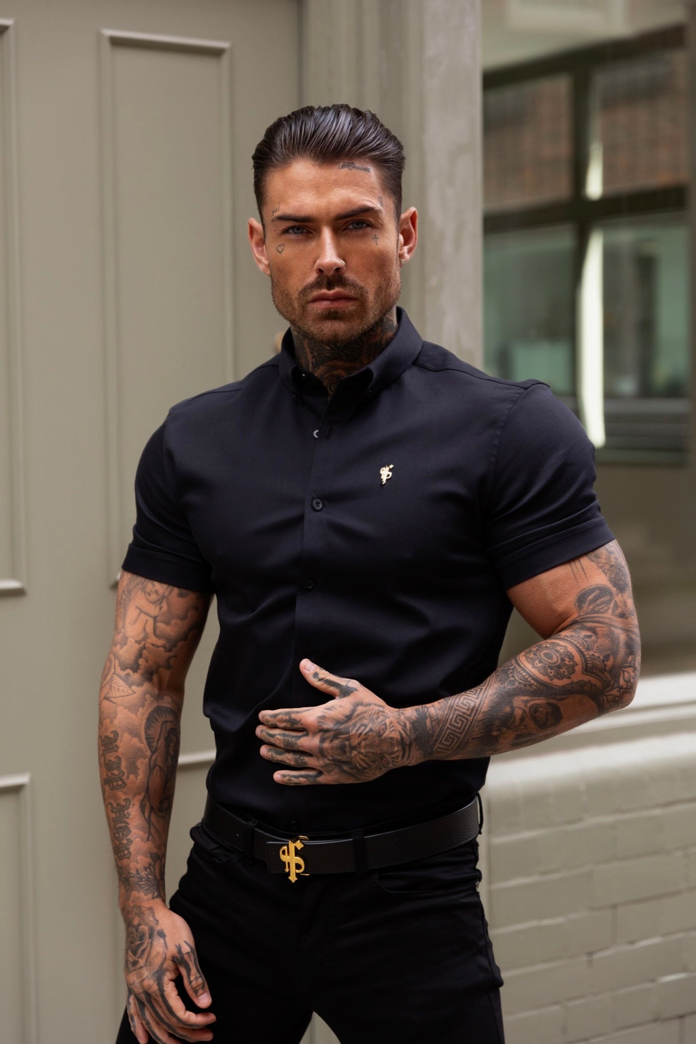 Super Slim Stretch Black Denim Short Sleeve with Gold Metal Decal and Button Down Collar - FS1041