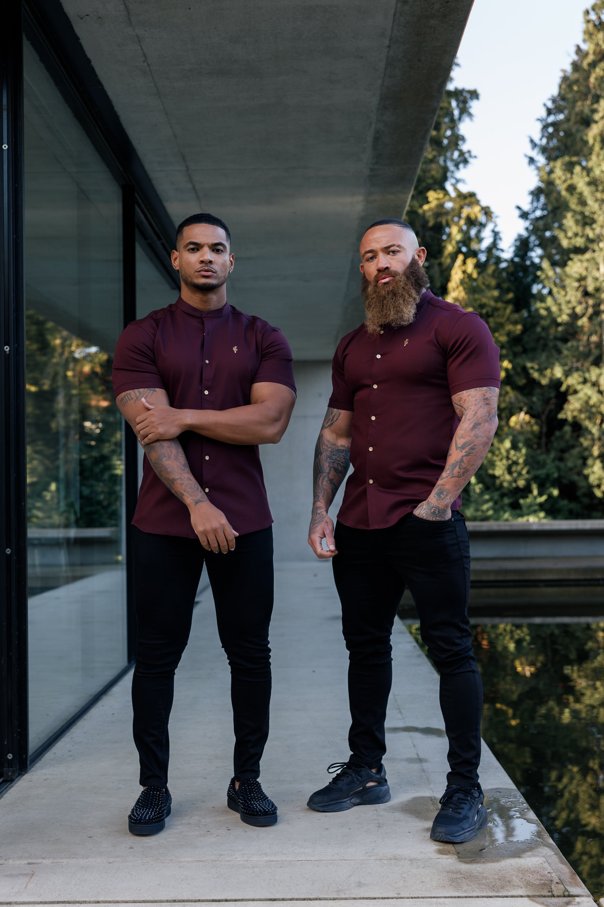 Super Slim Stretch Burgundy Denim Short Sleeve Grandad collar with Metal Buttons and Decal Emblem - FS722
