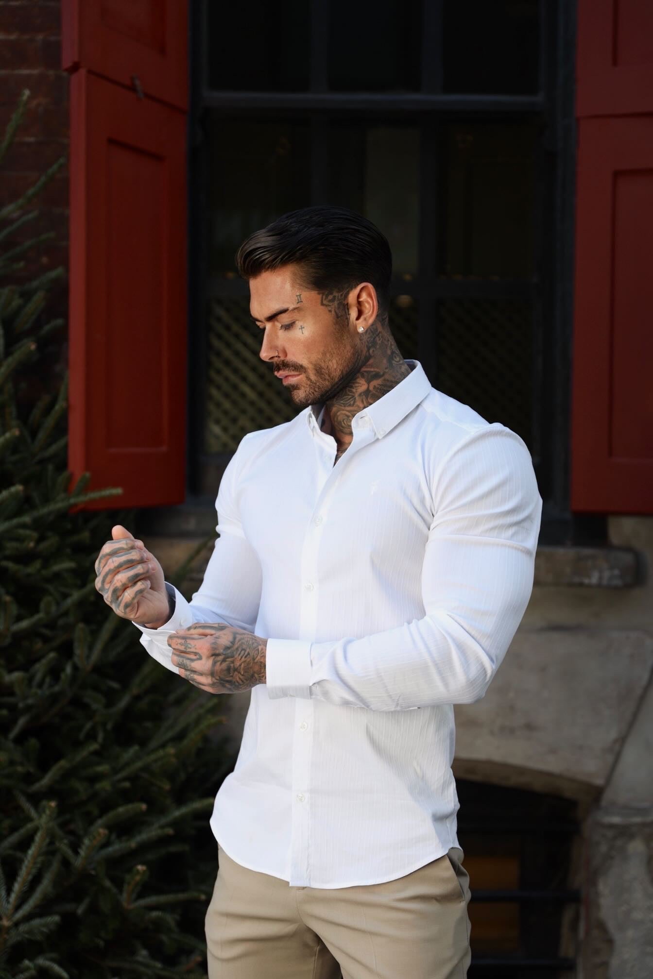 Super Slim Stretch White Self Woven Stripe Long Sleeve with Button Down Collar - FS989