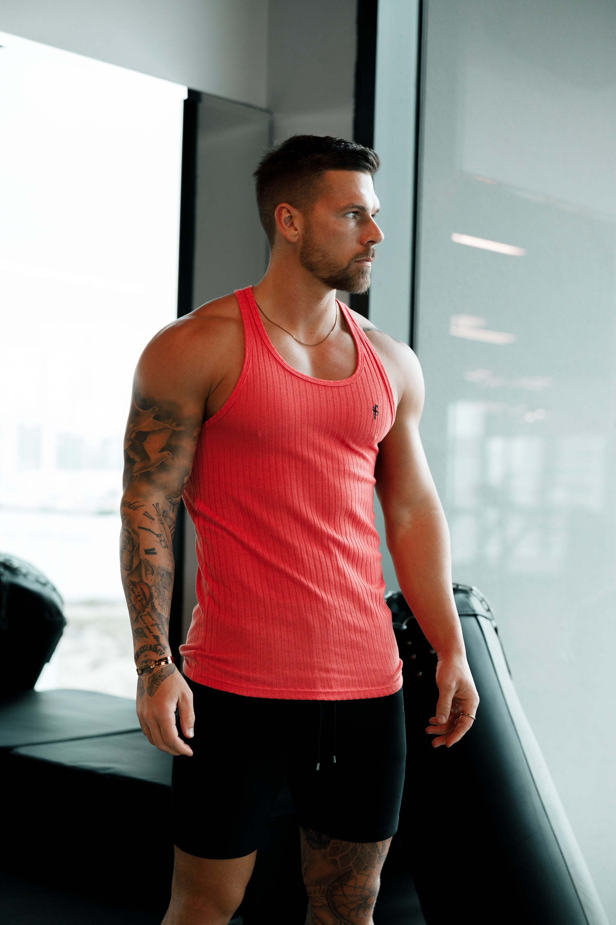 Classic Coral / Black Ribbed Knit Super Slim Vest - FSH1023