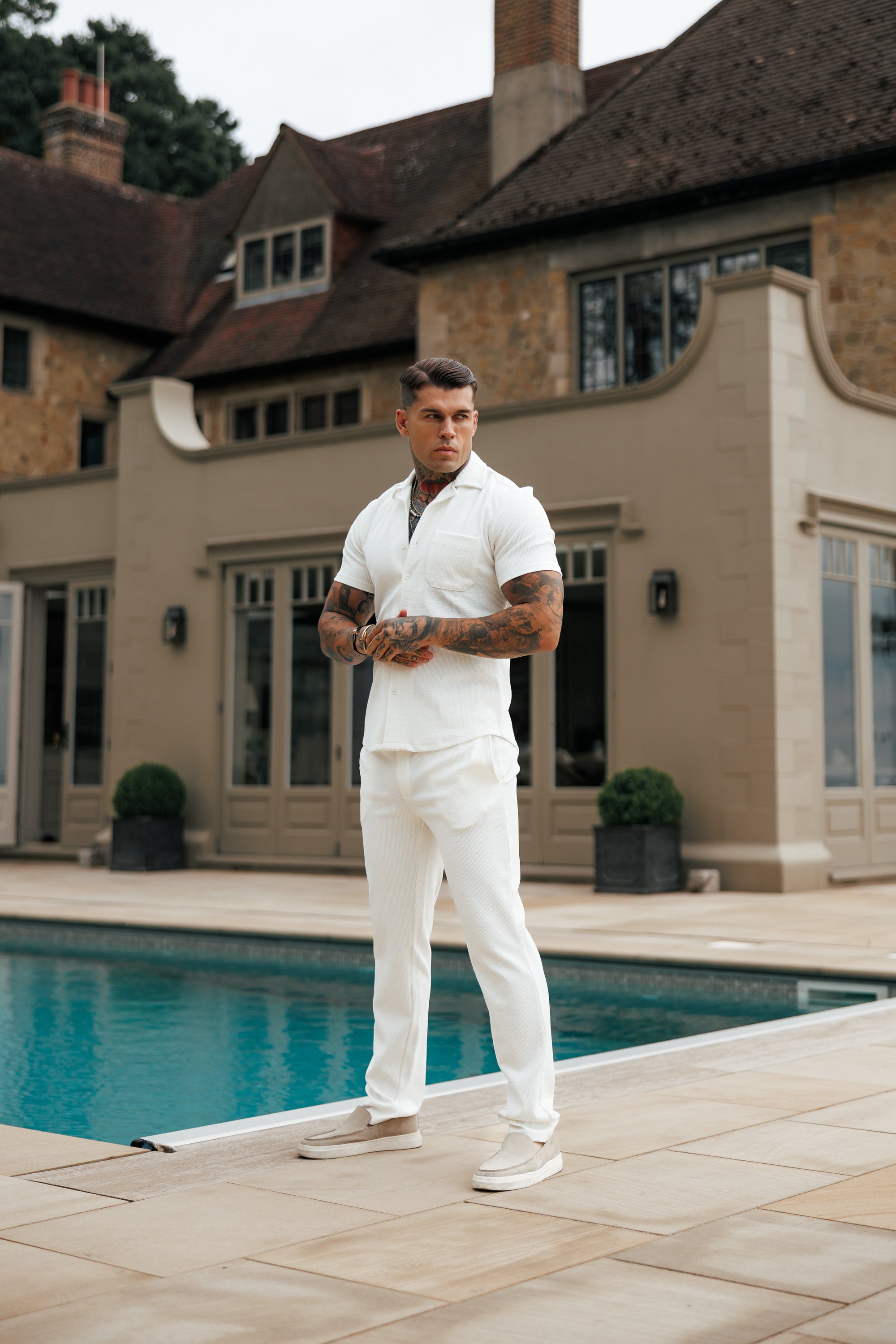 Jersey Cord Stretch White Revere Shirt Short Sleeve - FSR017