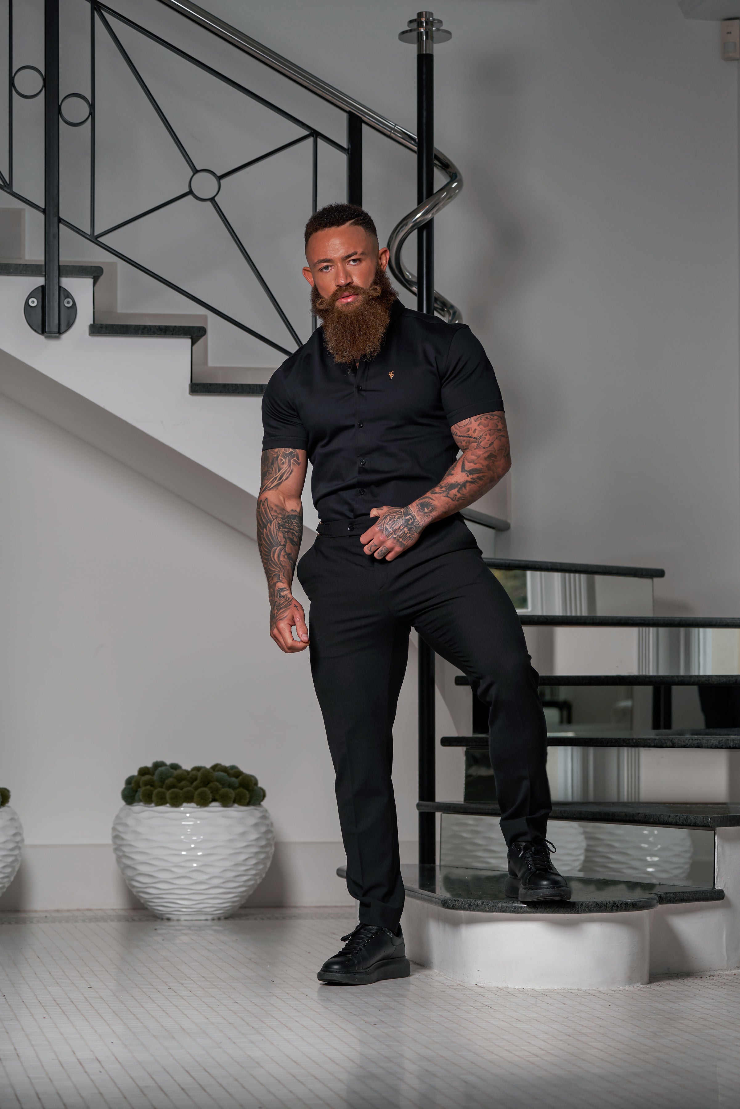 Slim Formal Black Stretch Trousers With Gold Waist Adjusters - FST036