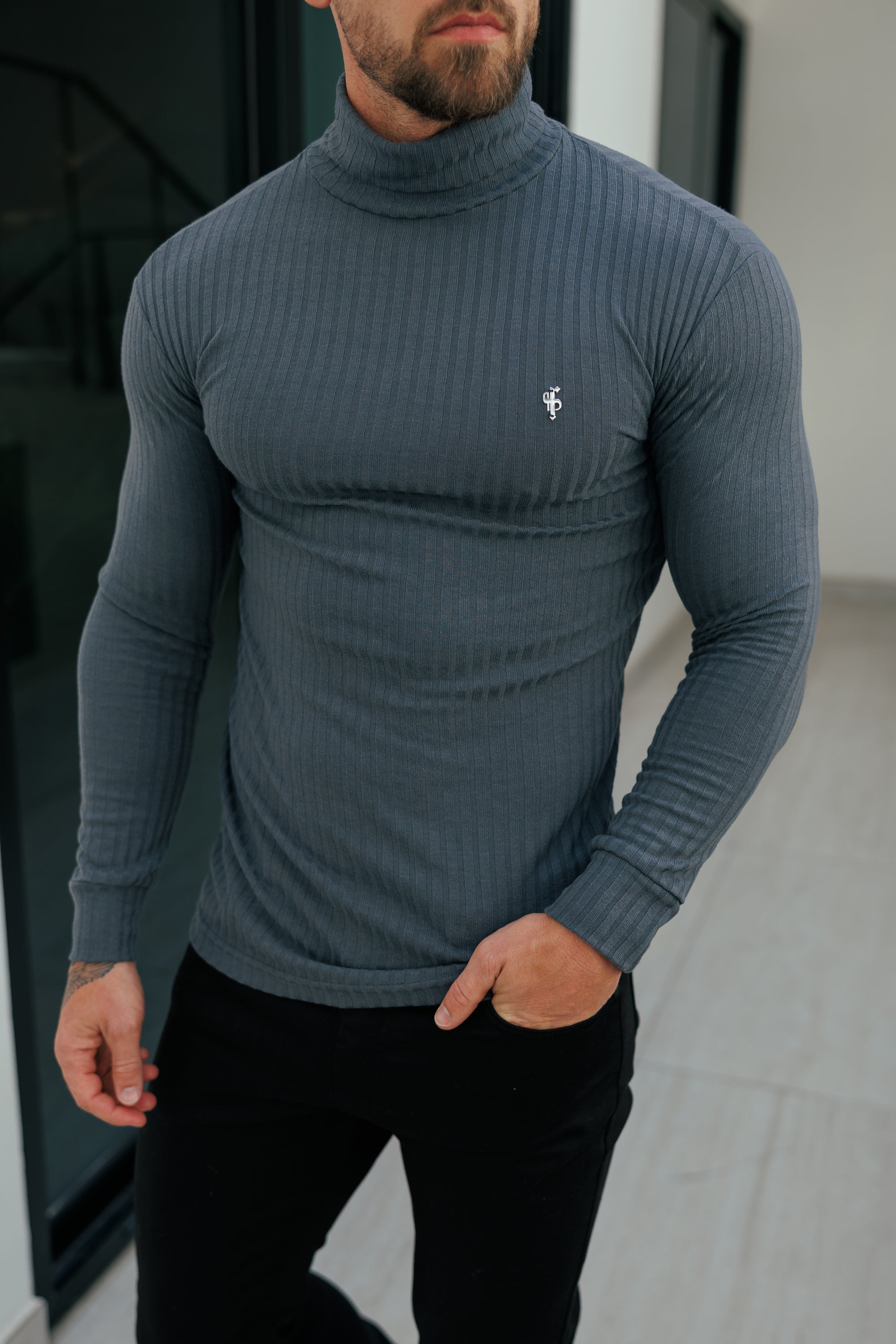 Super Slim Charcoal / Silver Ribbed Knit Roll-neck Jumper - FSH955