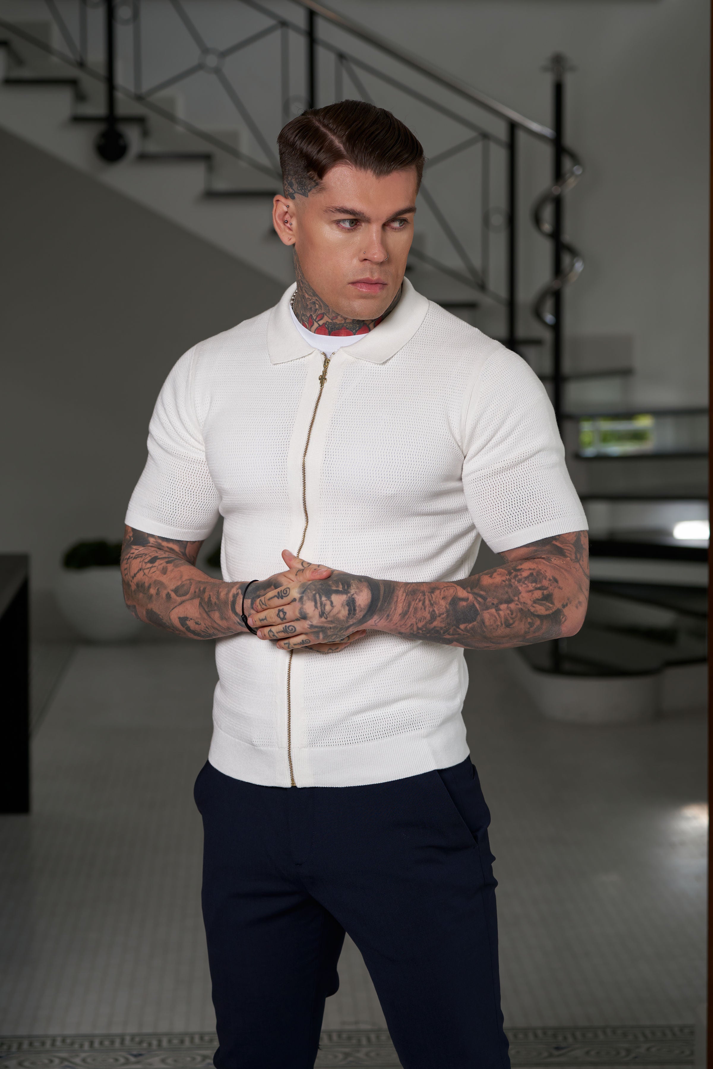 Classic Knitted Textured Design With Full Length Zip Off White Short Sleeve - FSN152