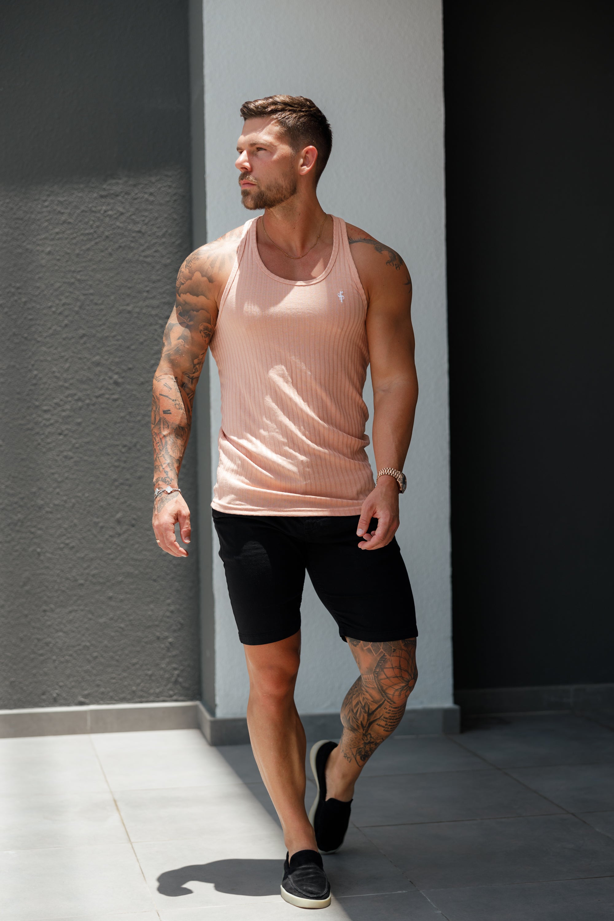 Classic Peach / White Ribbed Knit Super Slim Vest - FSH1028