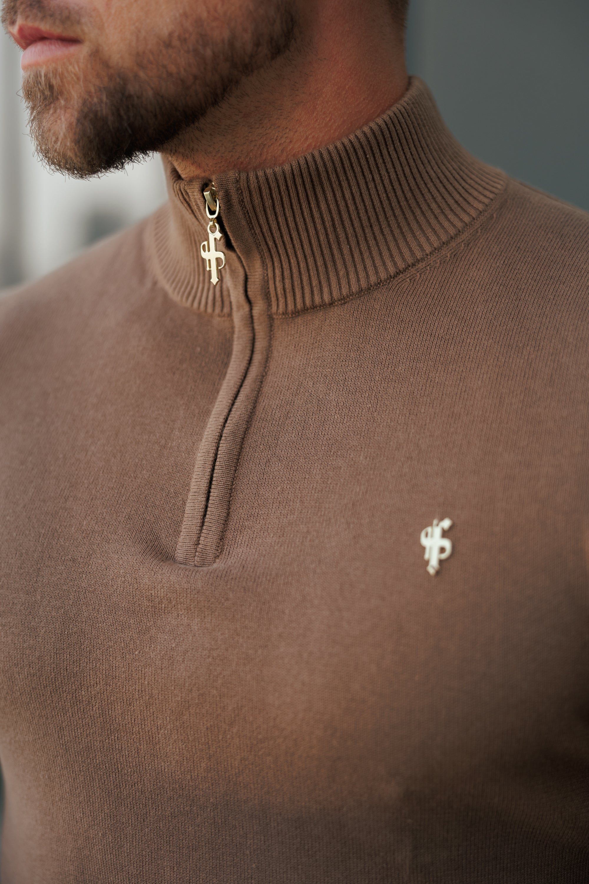 Camel Funnel Neck Knitted Jumper With FS Branding - FSN187