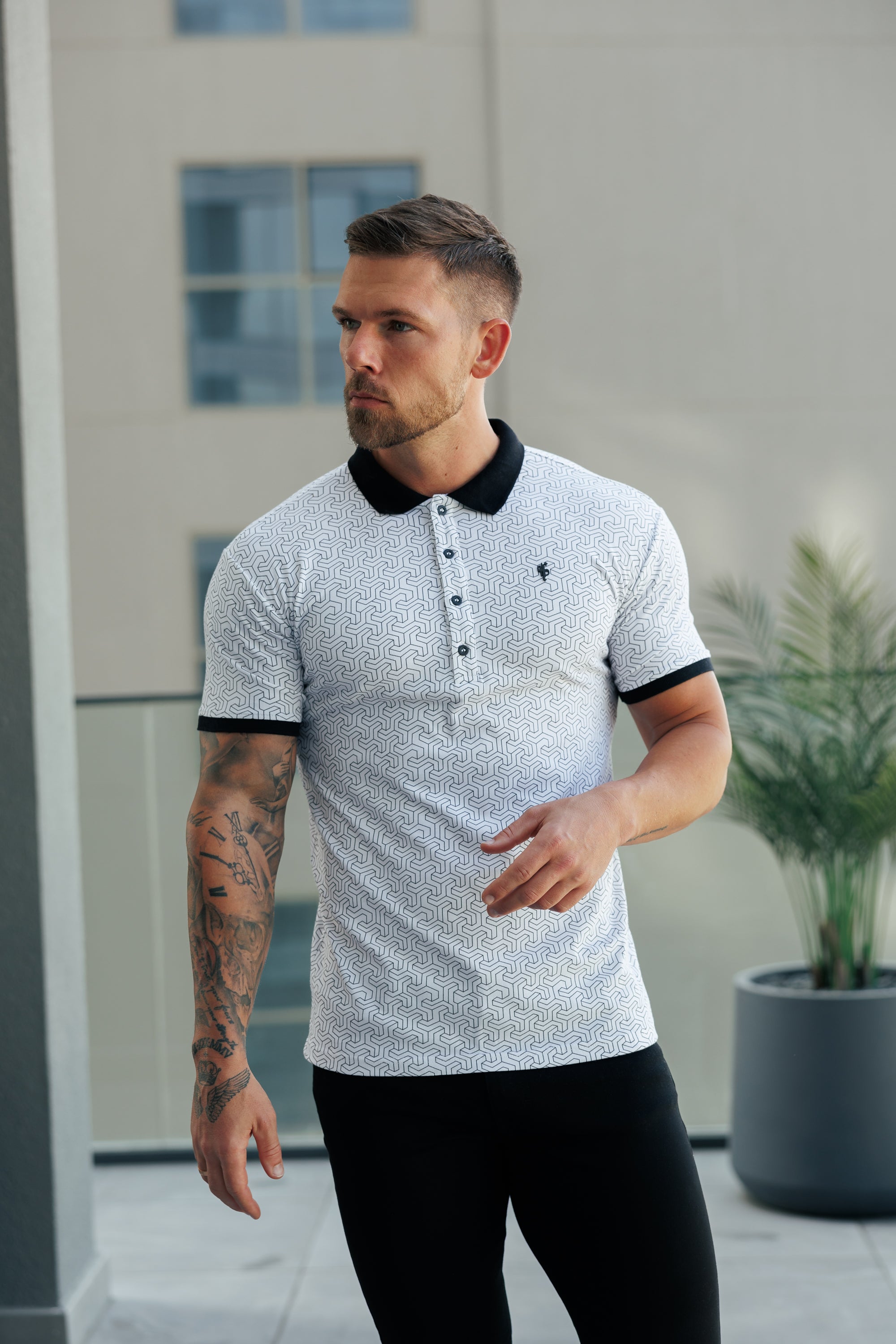 White / Black Geo Printed Polo Shirt - FSH1233