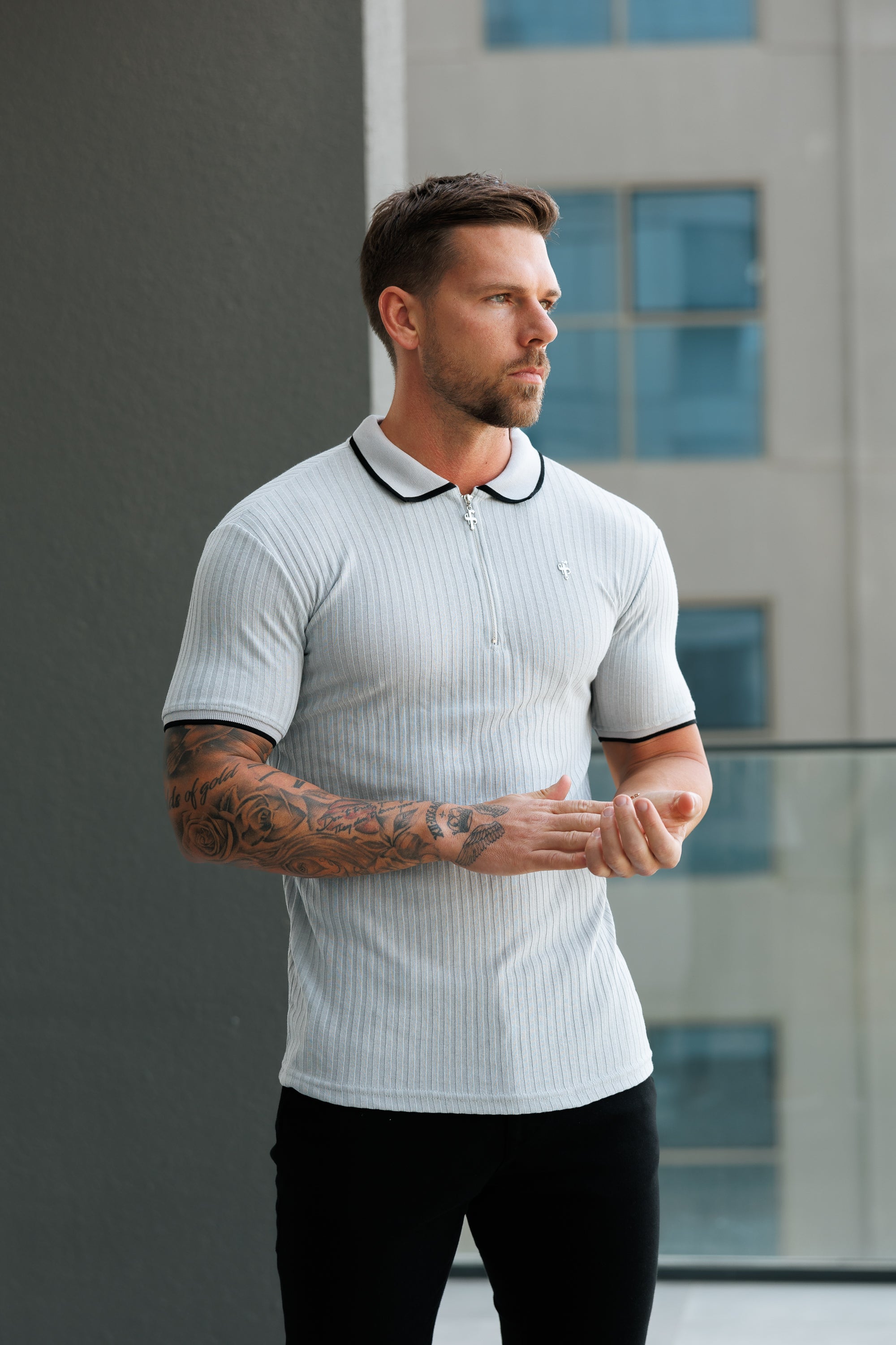Classic Grey Ribbed Zip Polo with Contrast Short Sleeve - FSH1108