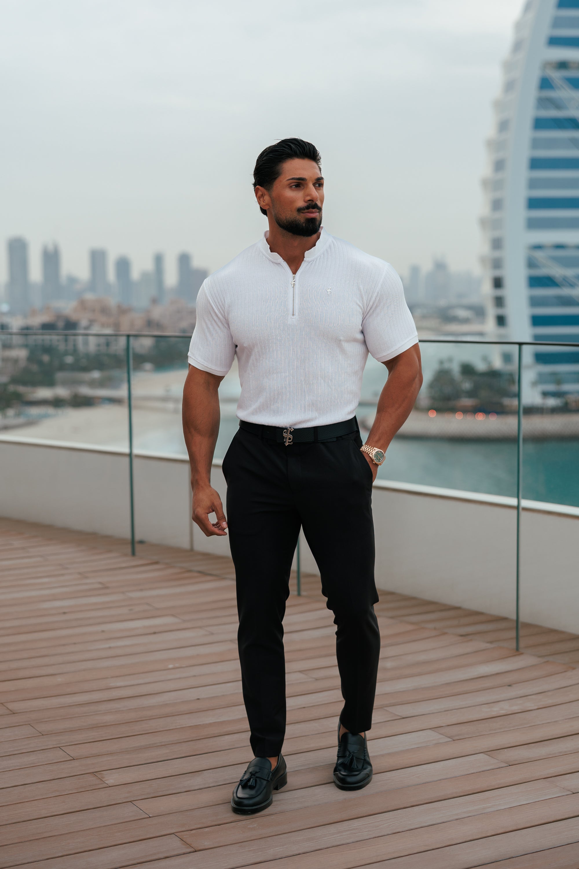 Classic White / Silver Ribbed Zip Grandad Collar Shirt Short Sleeve - FSH1447