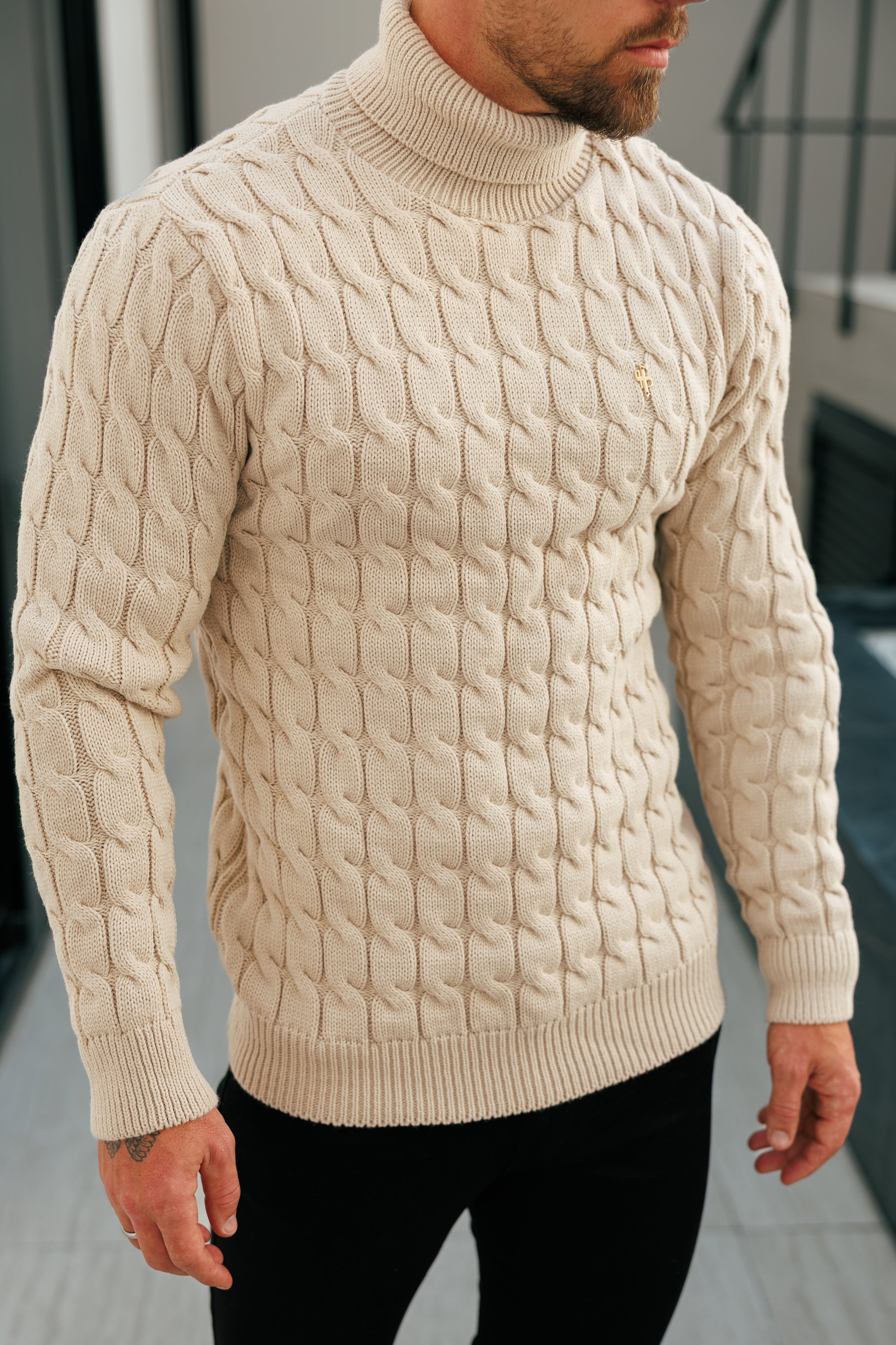 Link Weave Knit Beige Roll Neck Jumper - FSJ100