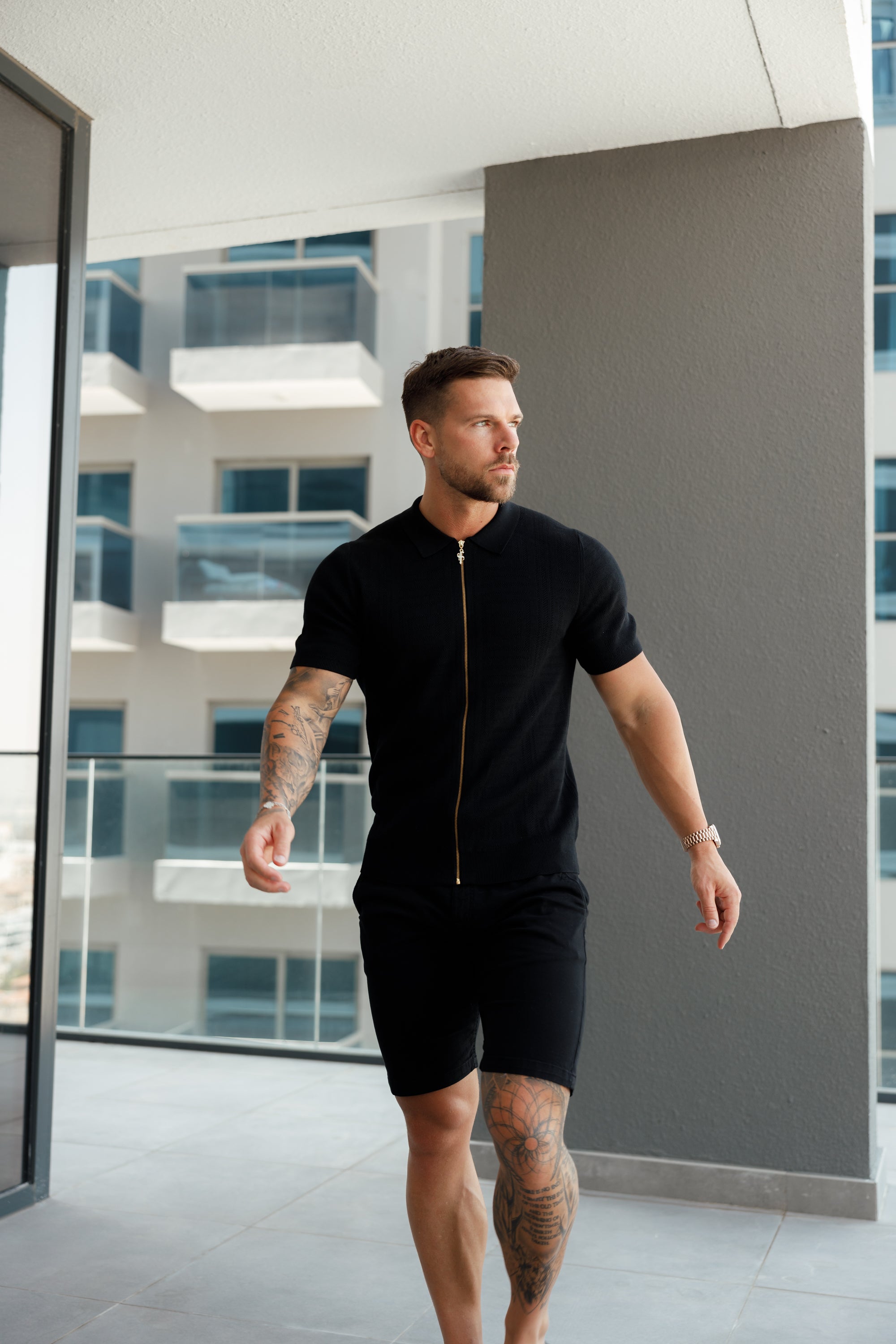 Classic Knitted Geo Design With Full Length Zip Black Short Sleeve - FSN147