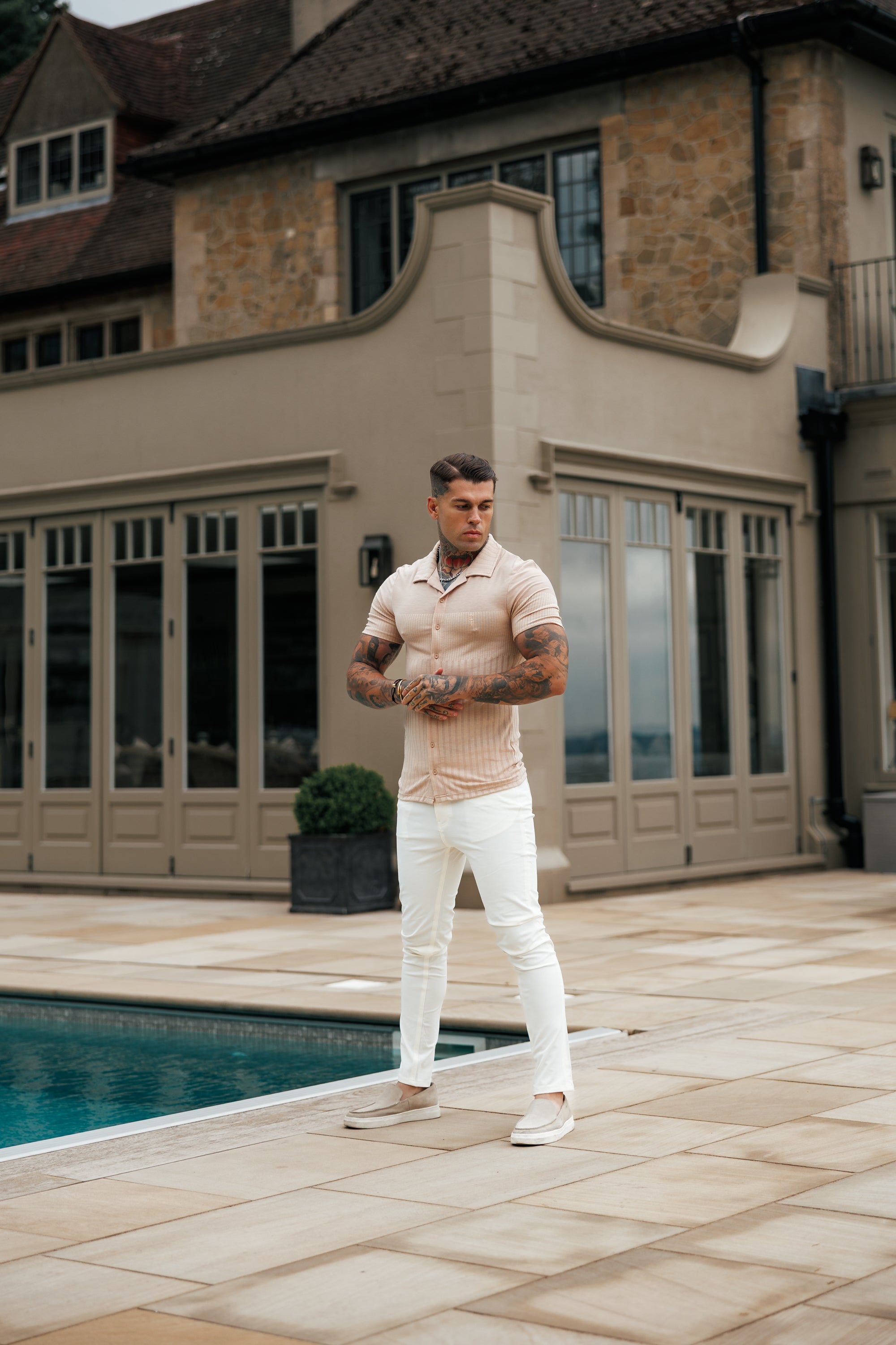 Jersey Revere Vertical Stripe Beige Shirt Short Sleeve - FSR026