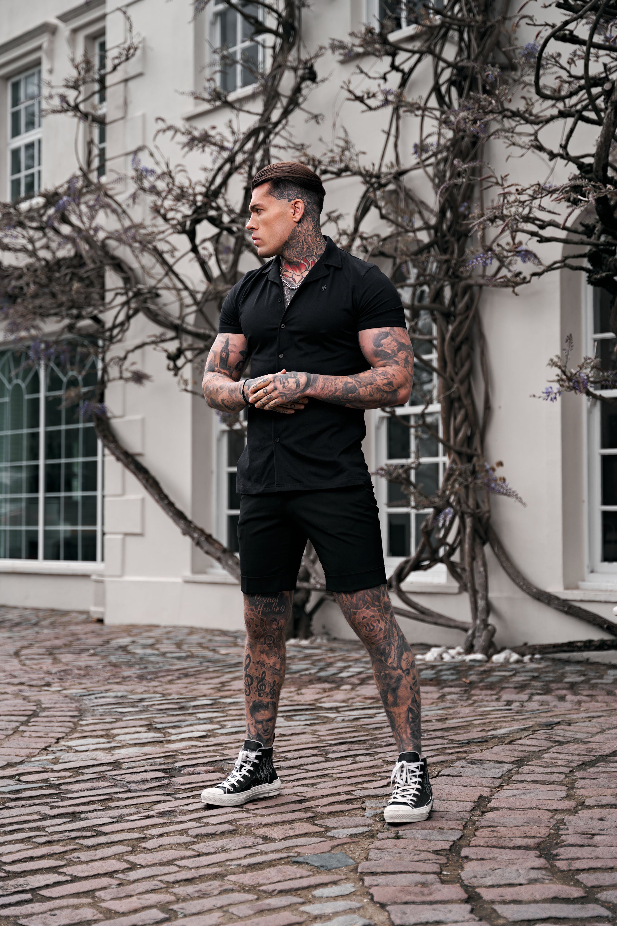 Stretch Black Pique Revere Shirt Short Sleeve - FSH1067