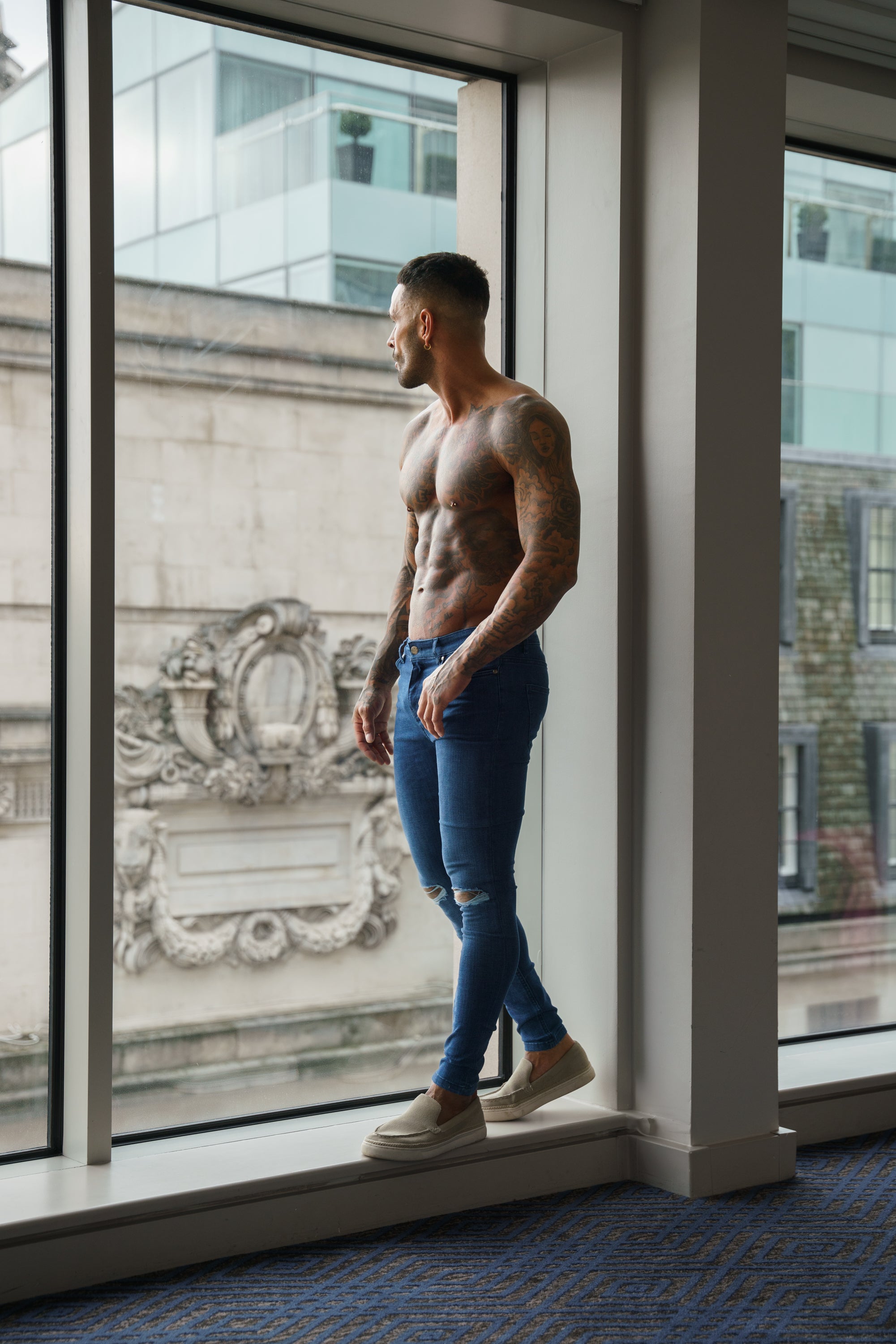 Ultra Stretch Mid Blue Slim Jeans with Knee Rips - FSJEAN011