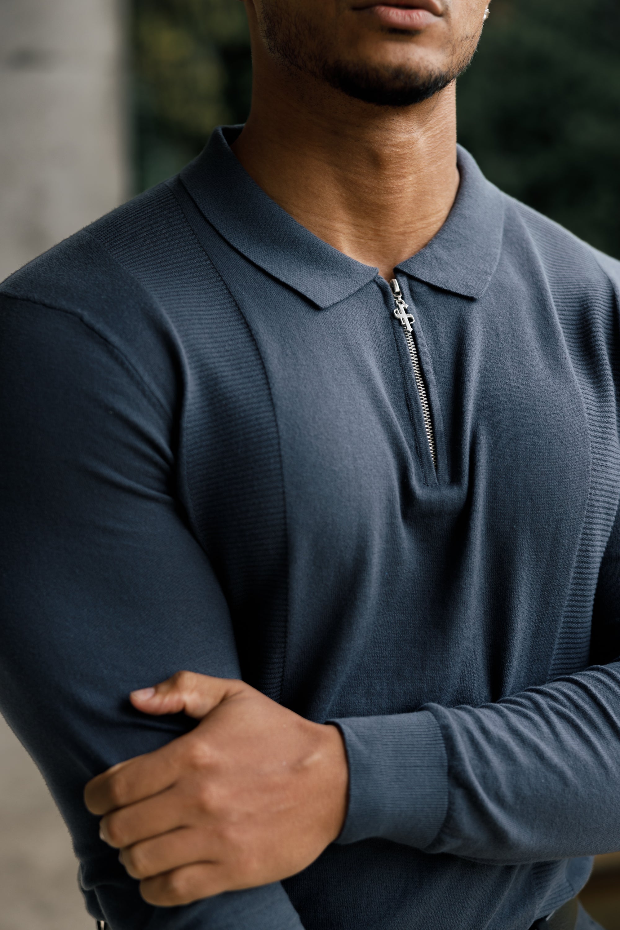 Classic Gunmetal and Silver Zip Knitted Polo Shirt Long Sleeve - FSN128