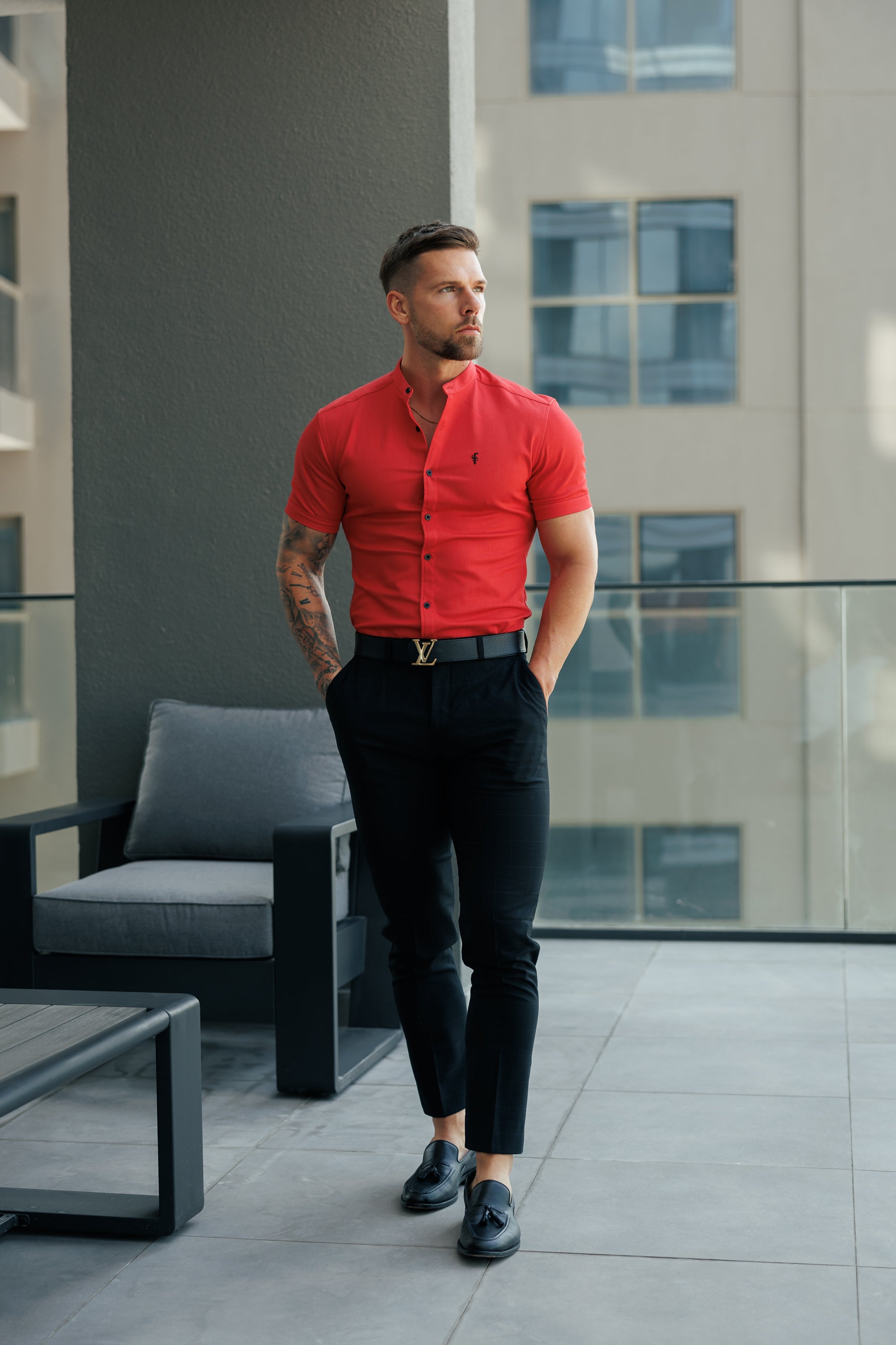 Super Slim Stretch Postbox Red Denim Short Sleeve with Grandad Collar - FS1141