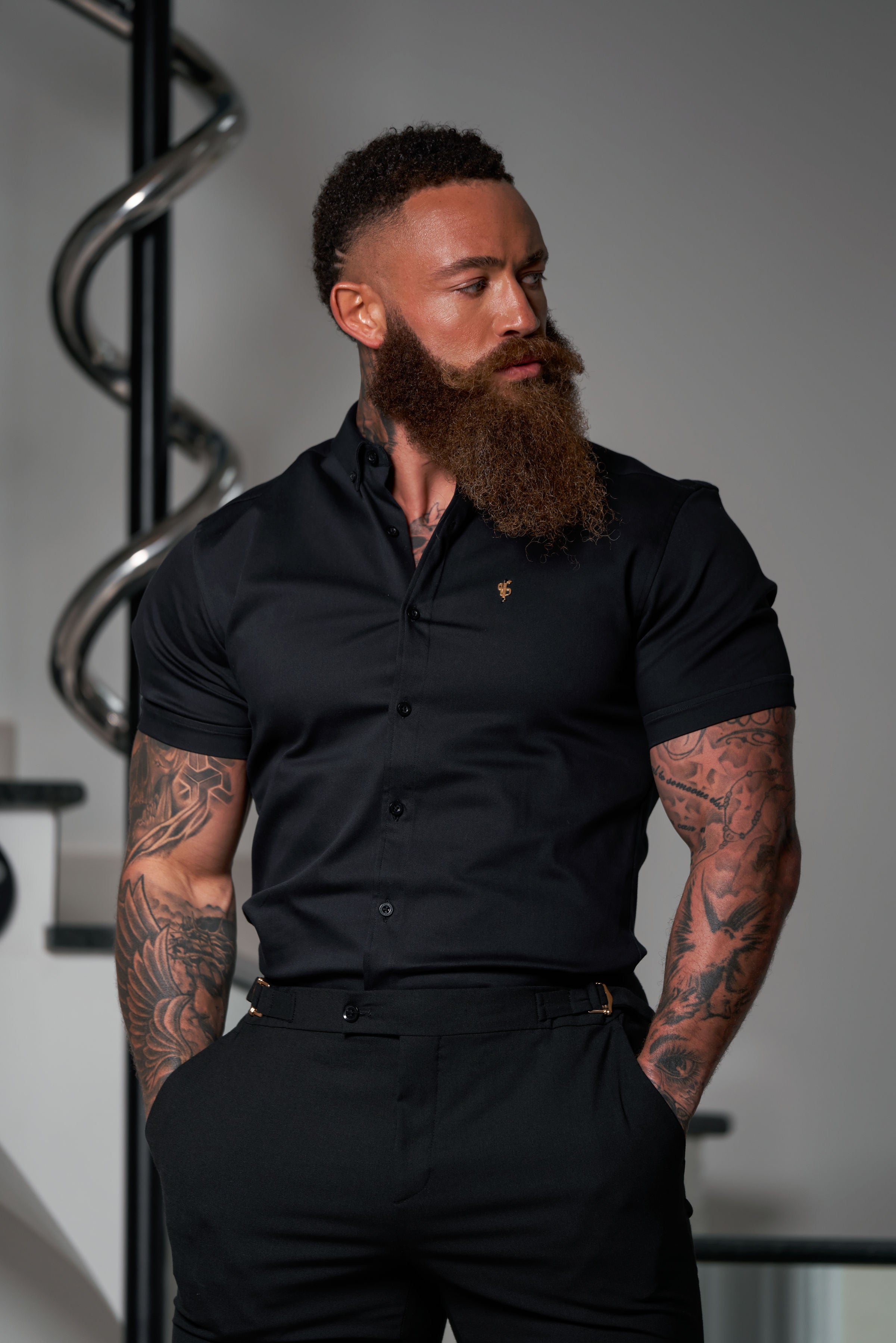 Slim Formal Black Stretch Trousers With Gold Waist Adjusters - FST036