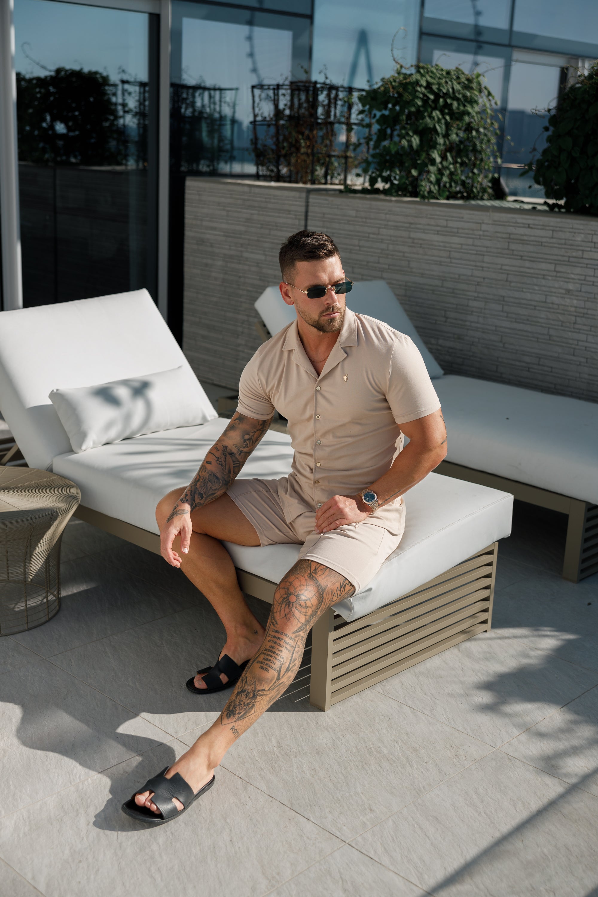 Stretch Beige / Gold Pique Revere Shirt Short Sleeve - FSH1075