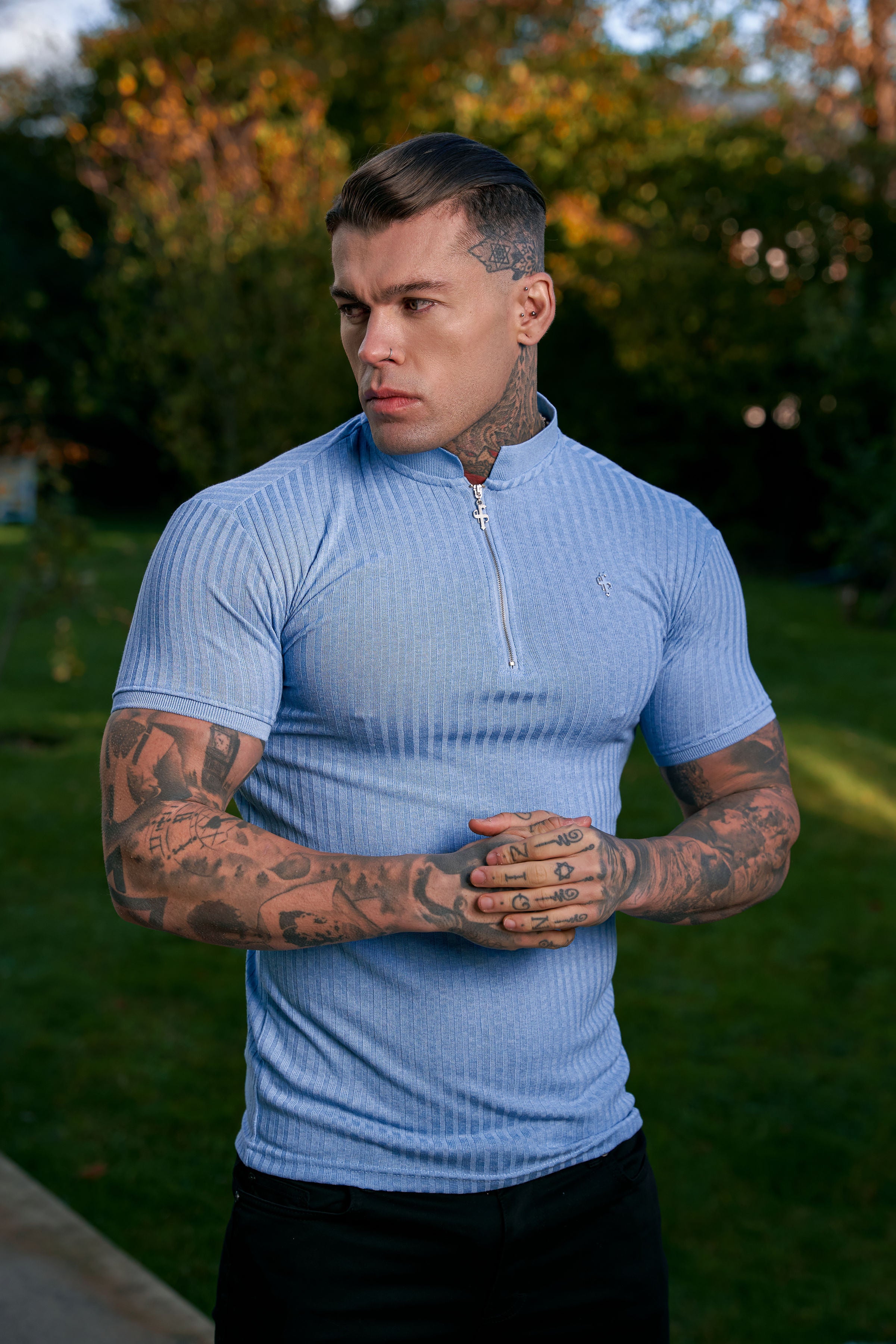 Classic Baby Blue Ribbed Silver Zip Grandad Collar Shirt Short Sleeve - FSH919