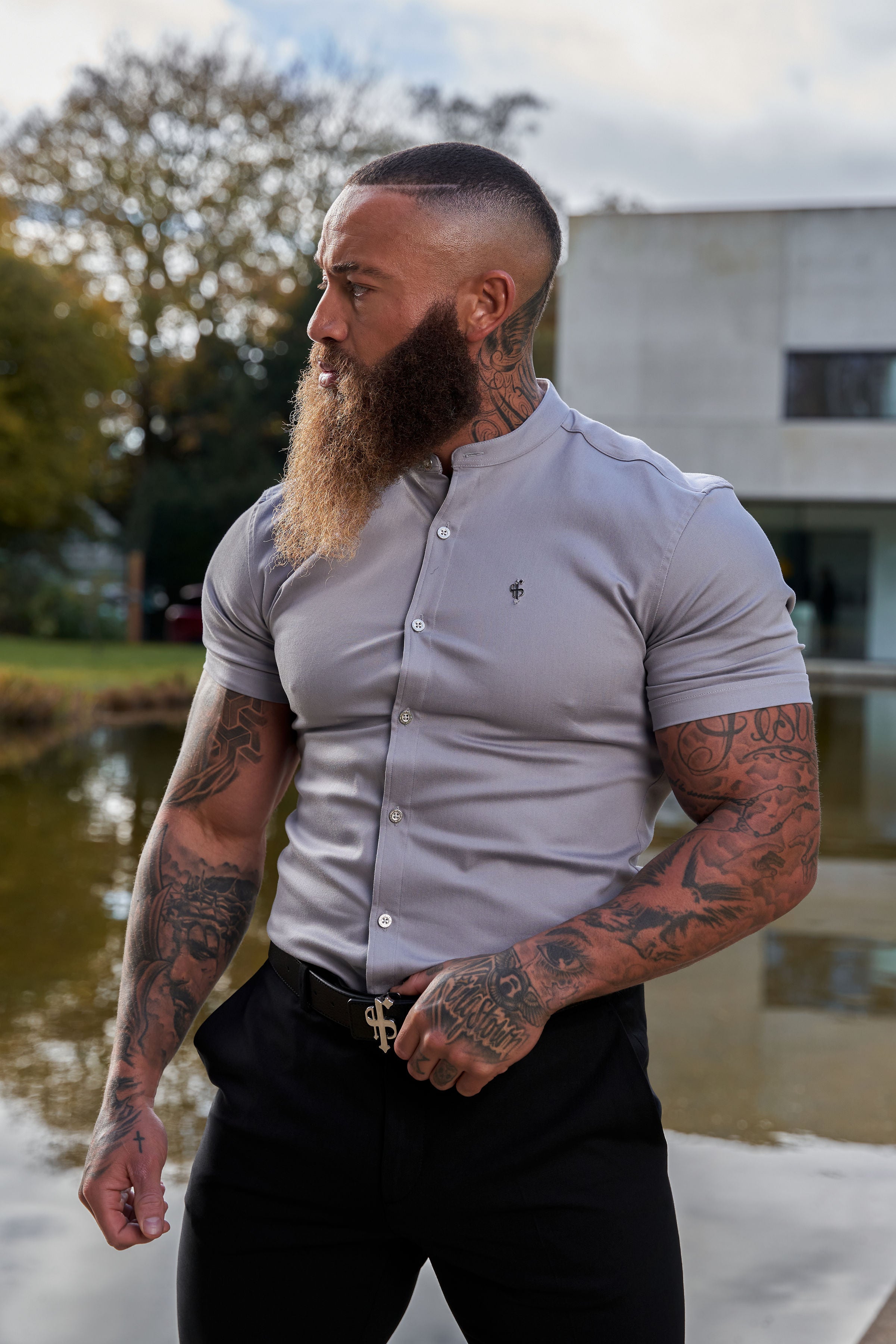 Super Slim Stretch Grey Denim Short Sleeve With Grandad Collar and Silver Metal Buttons and Decal - FS963