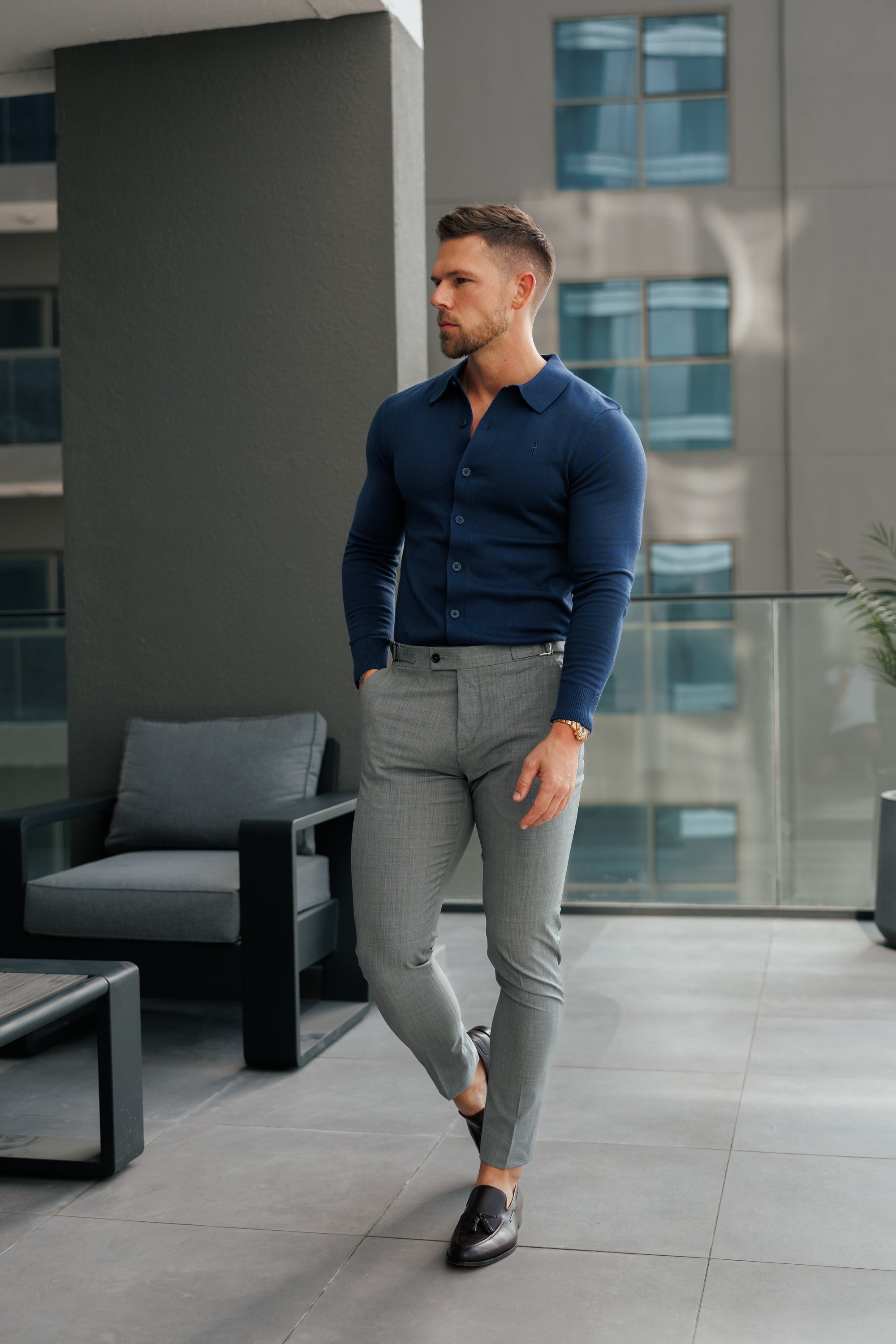 Slim Formal Grey Marl Stretch Trousers with Side Adjusters - FST021