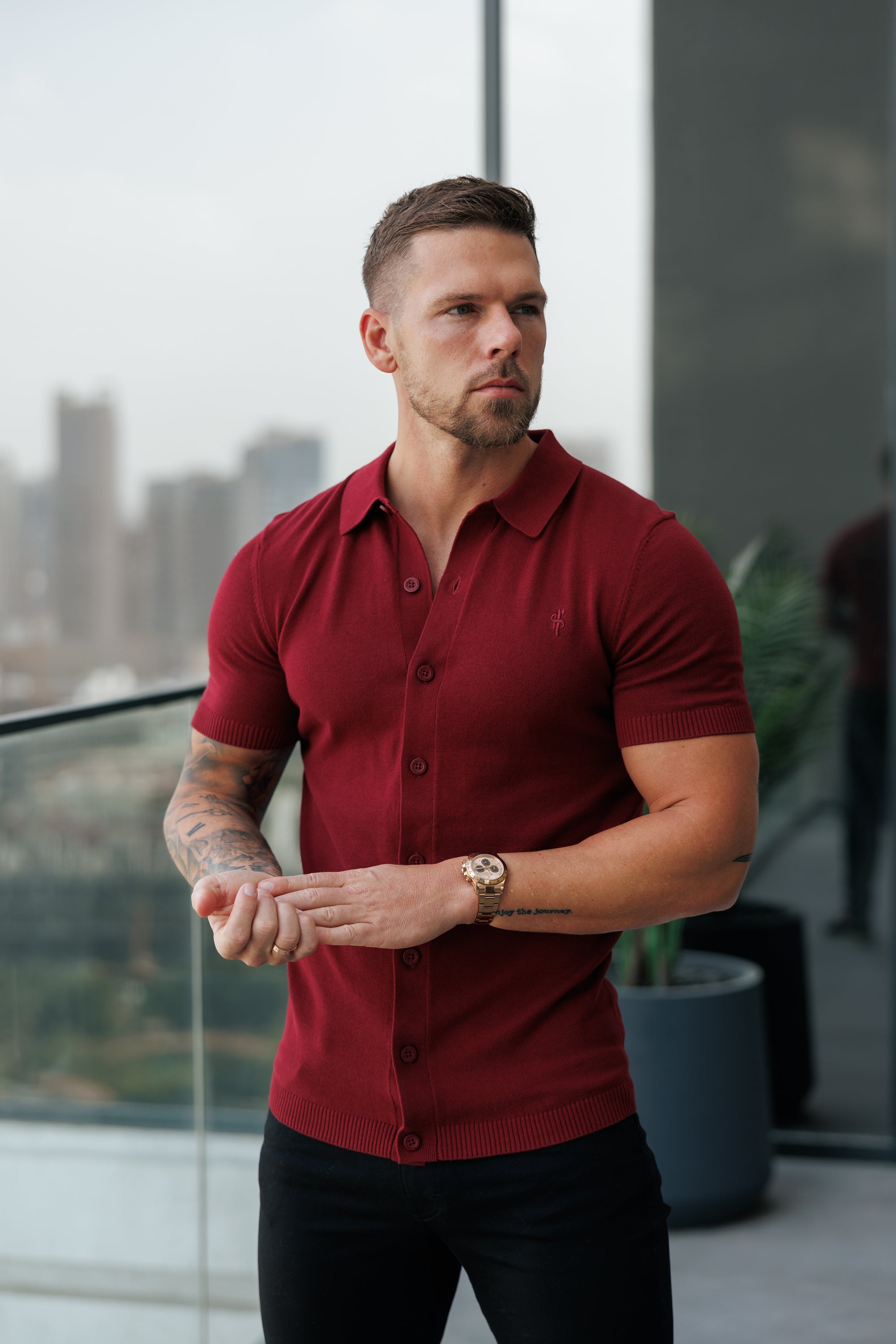 Classic Plain Burgundy Knitted Button Through Polo Short Sleeve - FSN217
